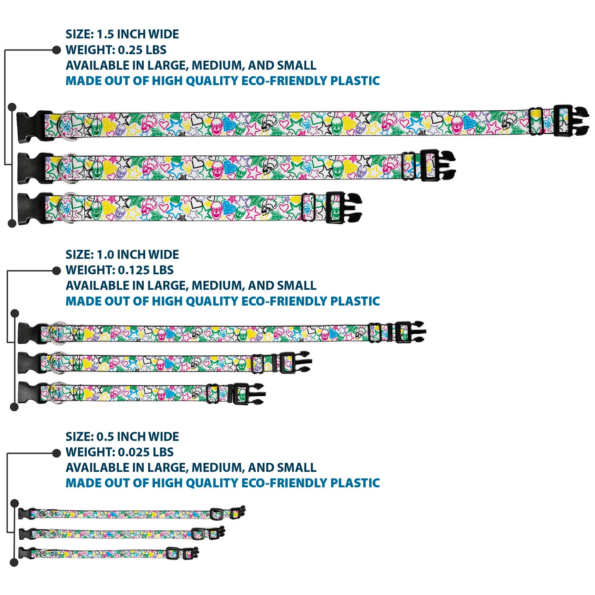 Plastic Clip Collar - Sketch Skull/Star/Heart White/Multi Color Plastic Clip Collars Buckle-Down