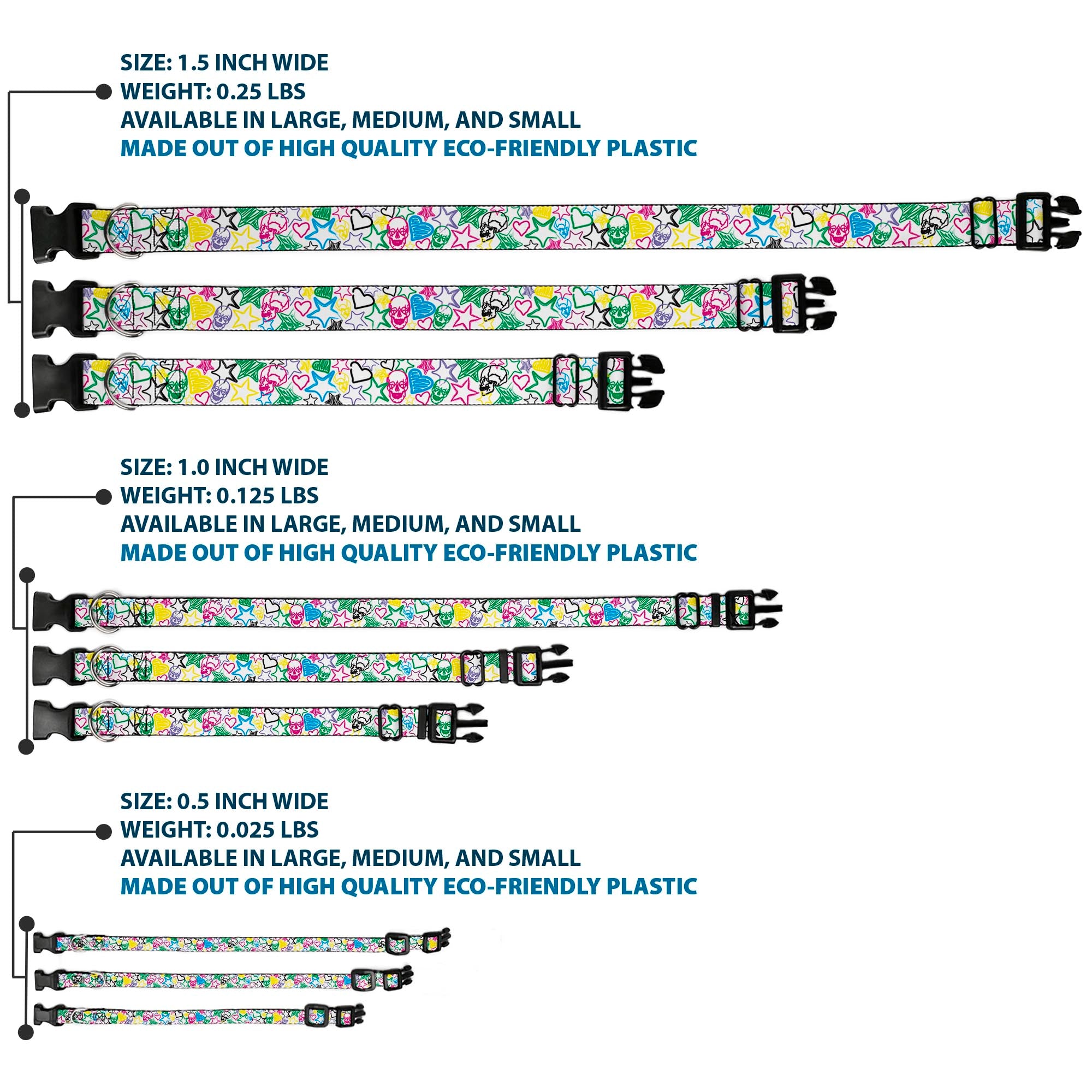 Plastic Clip Collar - Sketch Skull/Star/Heart White/Multi Color Plastic Clip Collars Buckle-Down