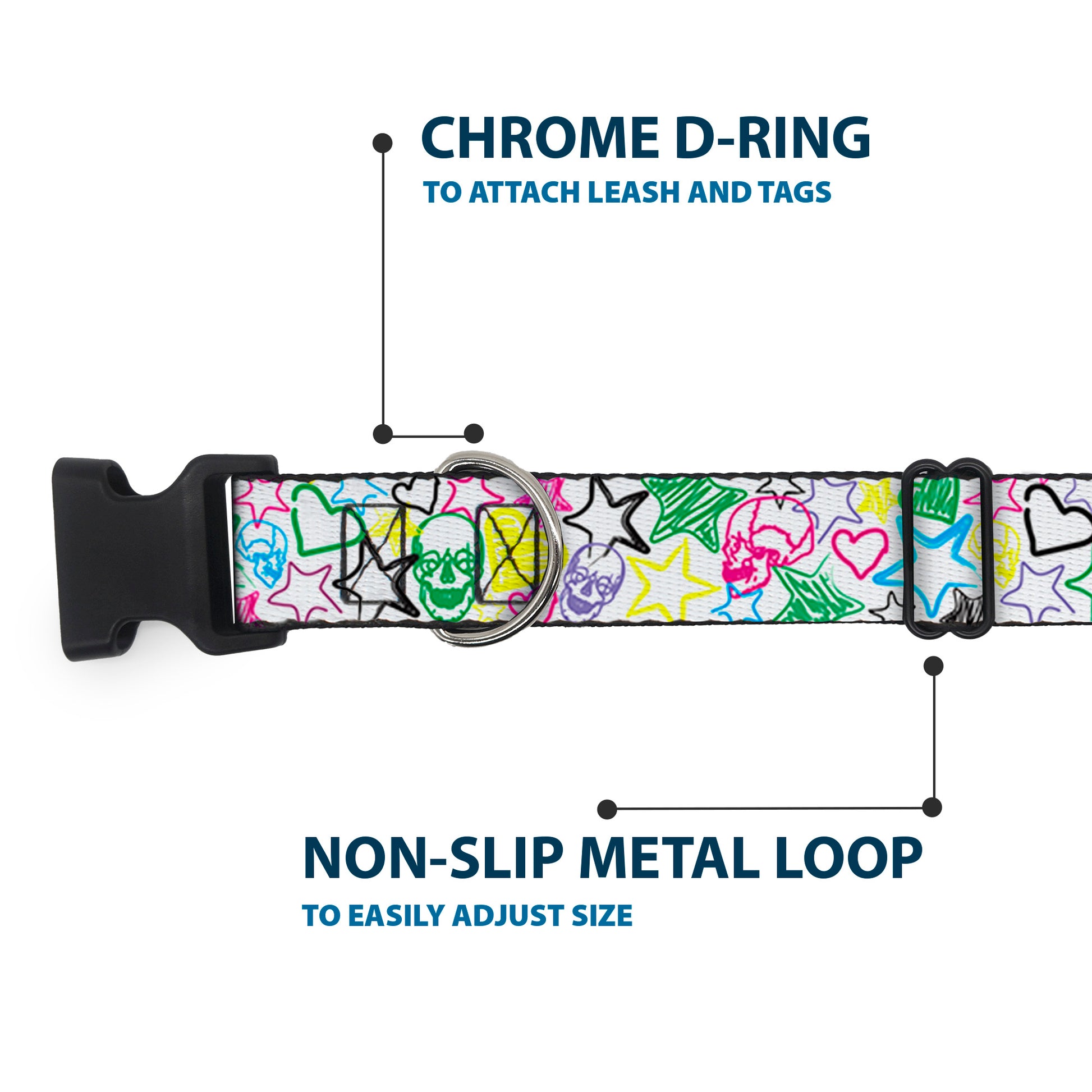 Plastic Clip Collar - Sketch Skull/Star/Heart White/Multi Color Plastic Clip Collars Buckle-Down