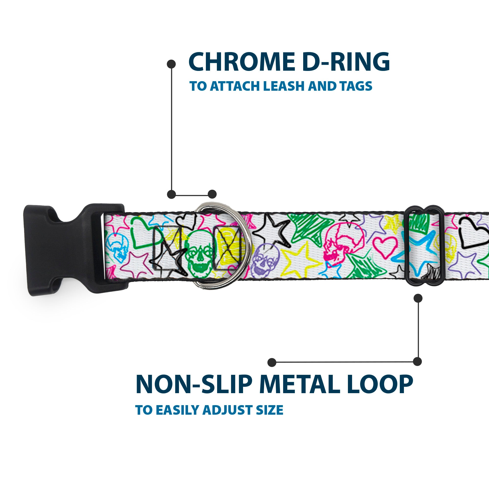 Plastic Clip Collar - Sketch Skull/Star/Heart White/Multi Color Plastic Clip Collars Buckle-Down