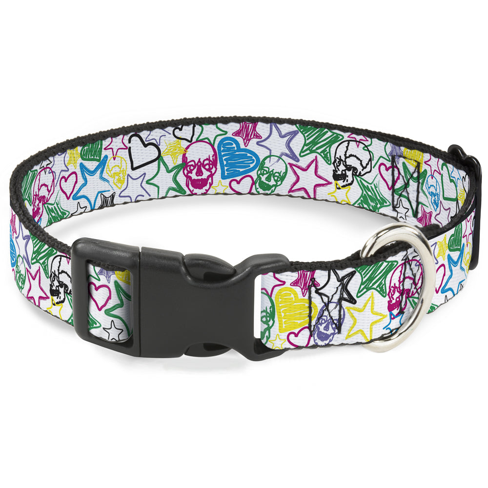 Plastic Clip Collar - Sketch Skull/Star/Heart White/Multi Color Plastic Clip Collars Buckle-Down