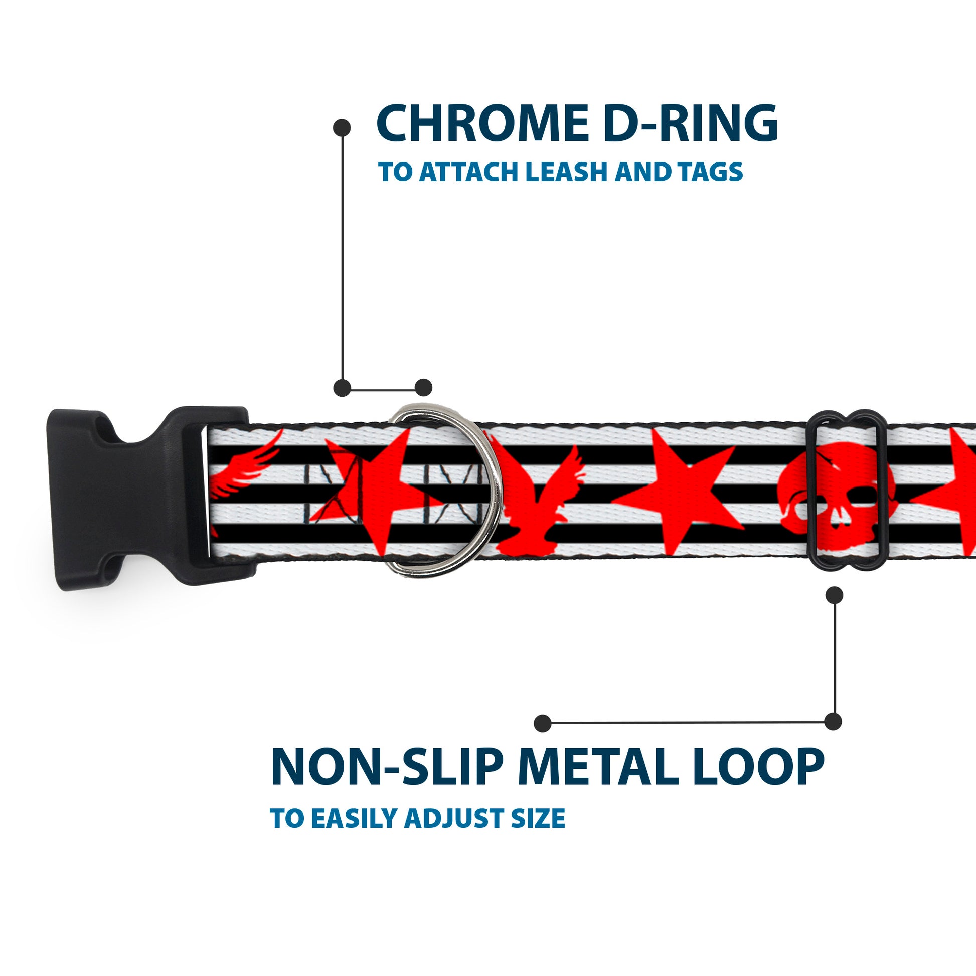 Plastic Clip Collar - Stripes & Stars Black/White/Red Plastic Clip Collars Buckle-Down