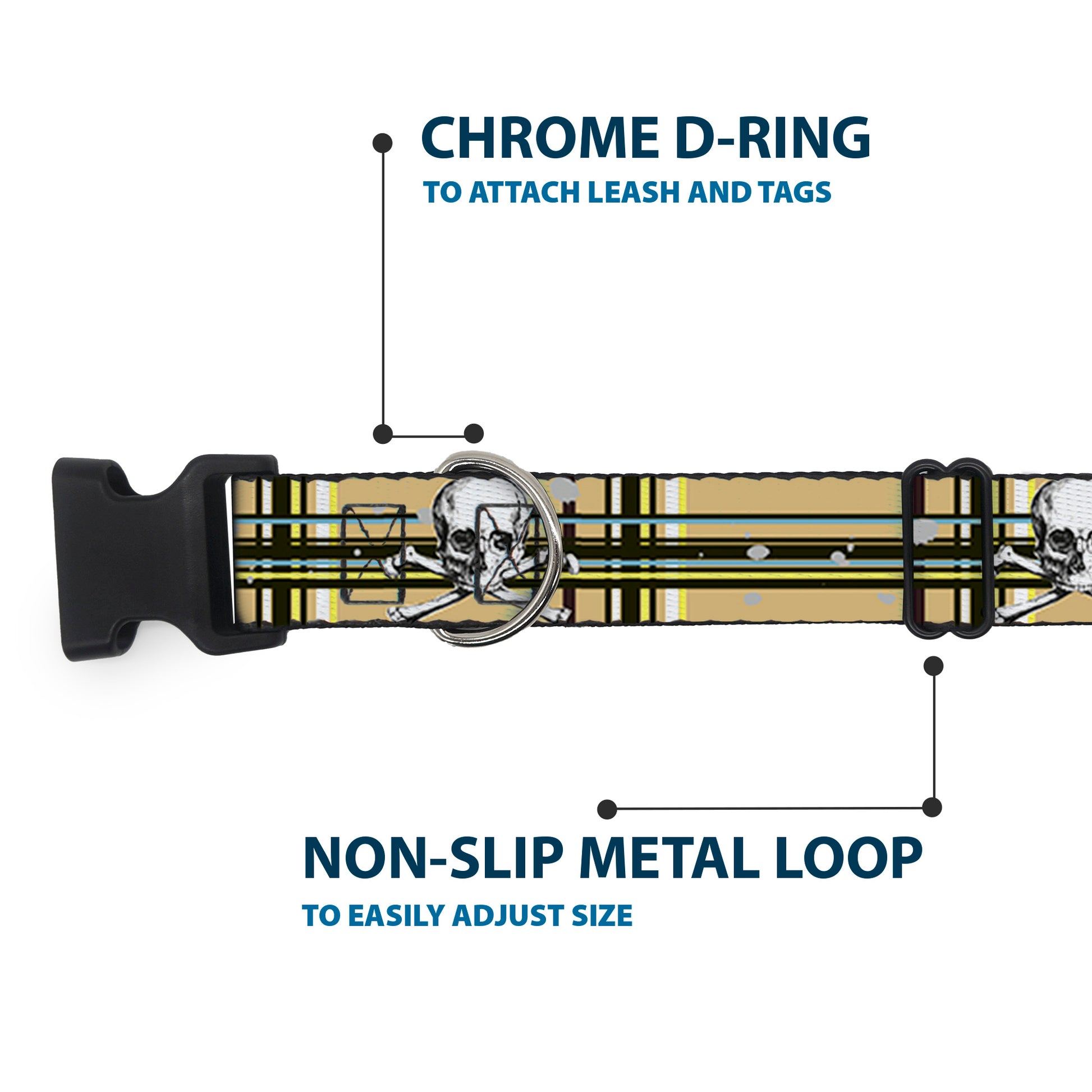 Plastic Clip Collar - Skull & Cross Bones Plaid Tan Plastic Clip Collars Buckle-Down