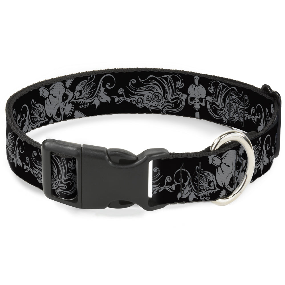 Plastic Clip Collar - Skull & Dagger w/Filigree Black/Gray Plastic Clip Collars Buckle-Down