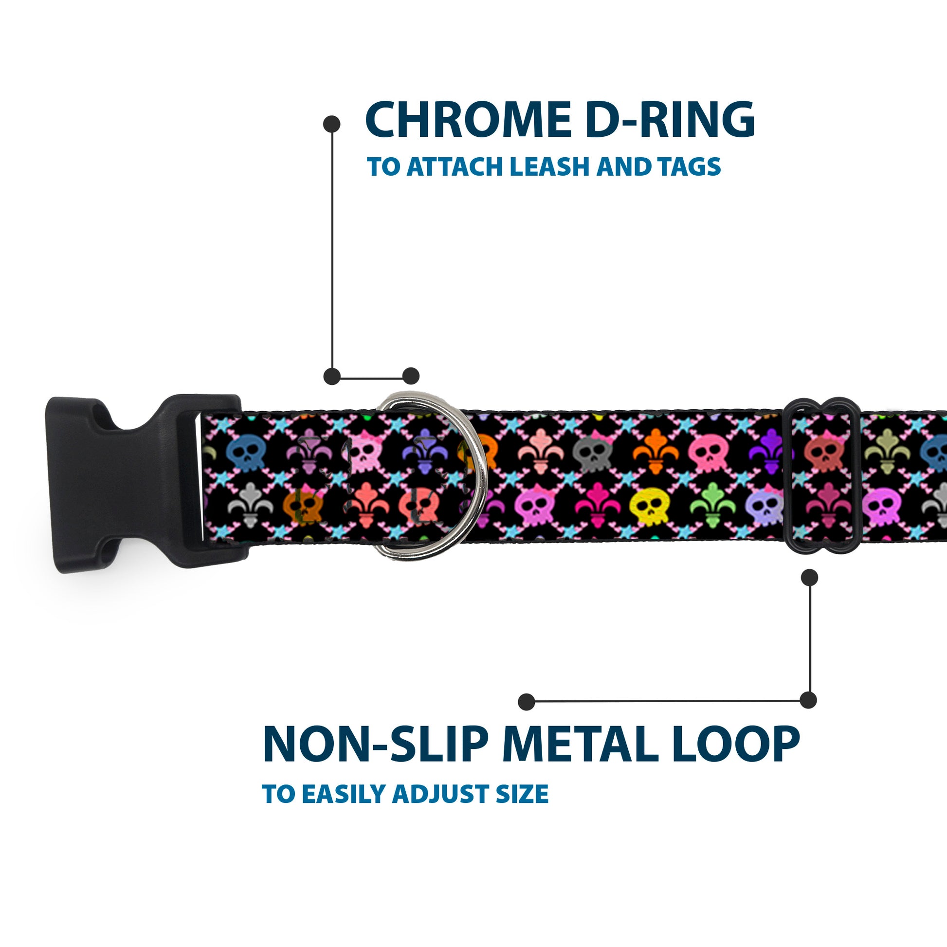 Plastic Clip Collar - Skull & Fleur-de-Lis Black/Multi Color Plastic Clip Collars Buckle-Down