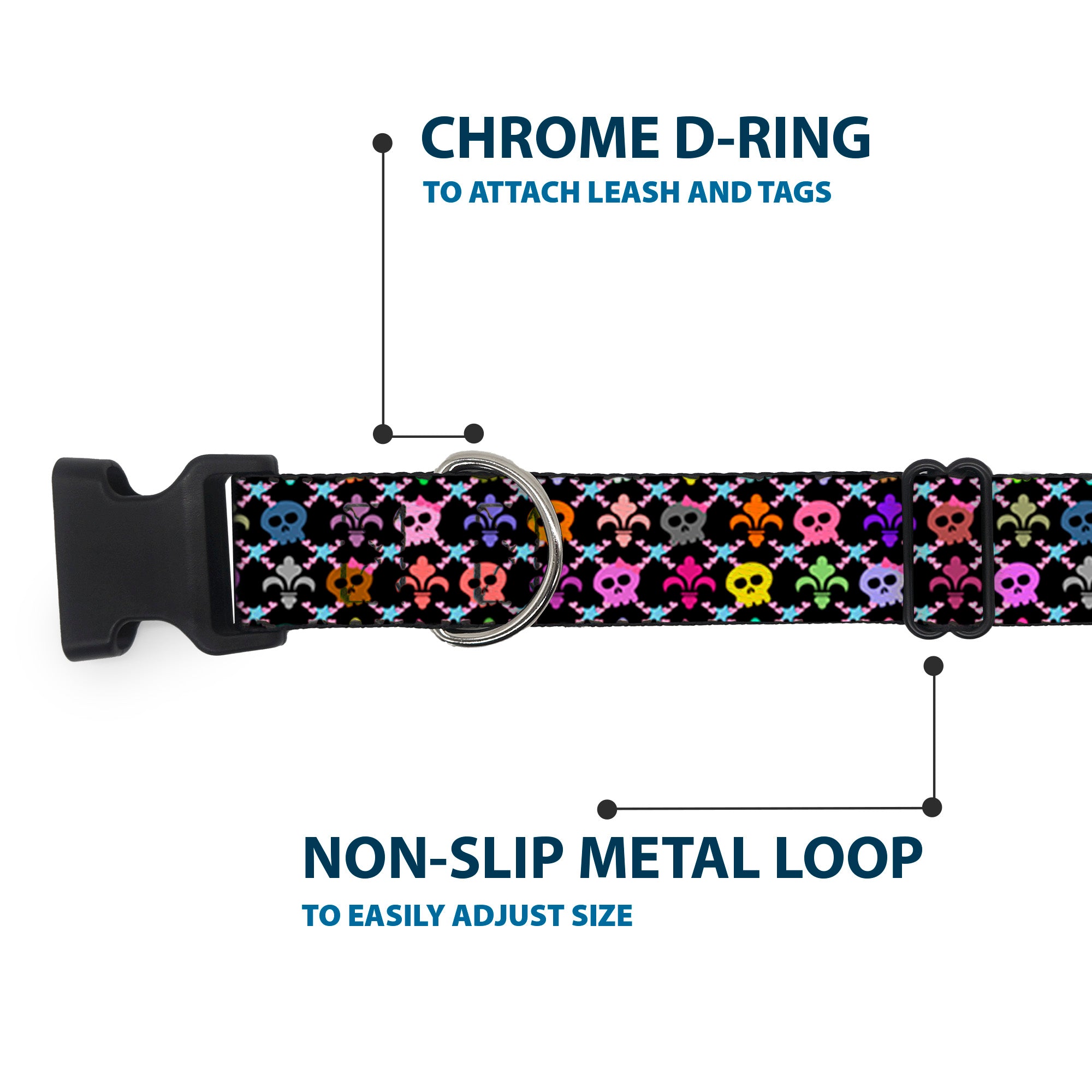 Plastic Clip Collar - Skull & Fleur-de-Lis Black/Multi Color Plastic Clip Collars Buckle-Down