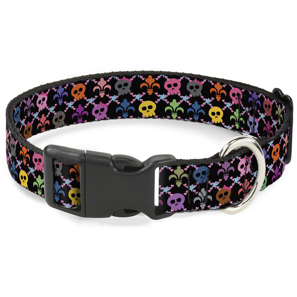 Plastic Clip Collar - Skull & Fleur-de-Lis Black/Multi Color Plastic Clip Collars Buckle-Down