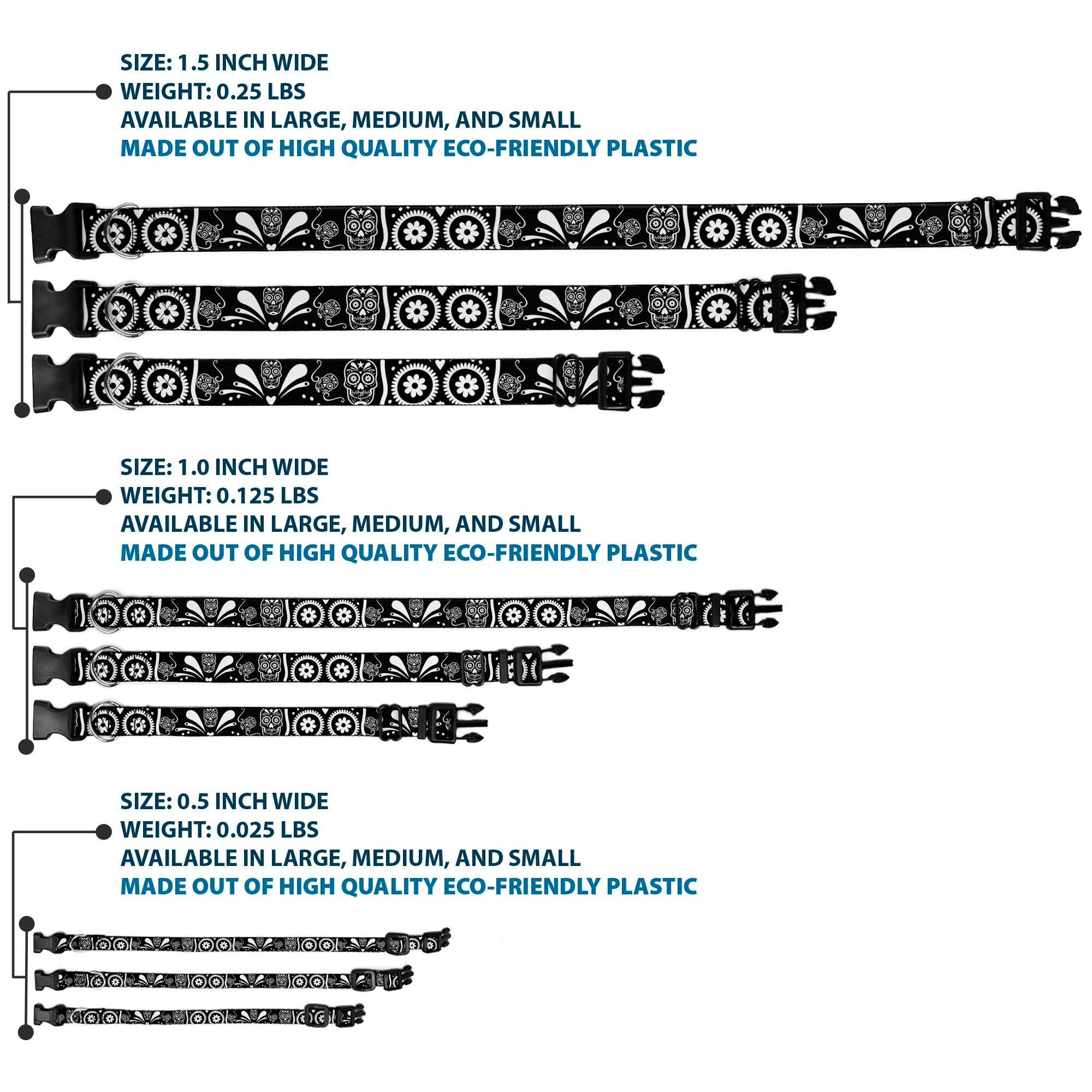 Plastic Clip Collar - Sugar Skulls Black/White Plastic Clip Collars Buckle-Down