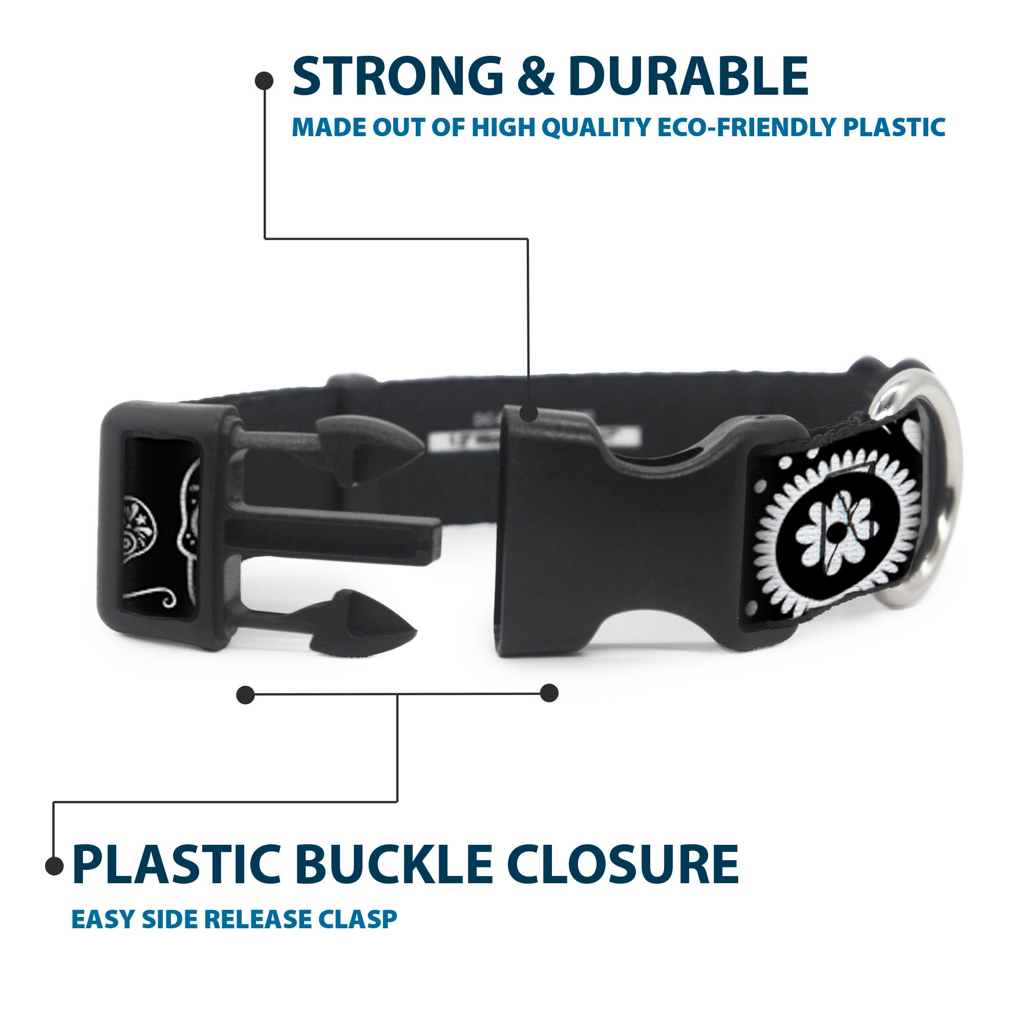 Plastic Clip Collar - Sugar Skulls Black/White Plastic Clip Collars Buckle-Down