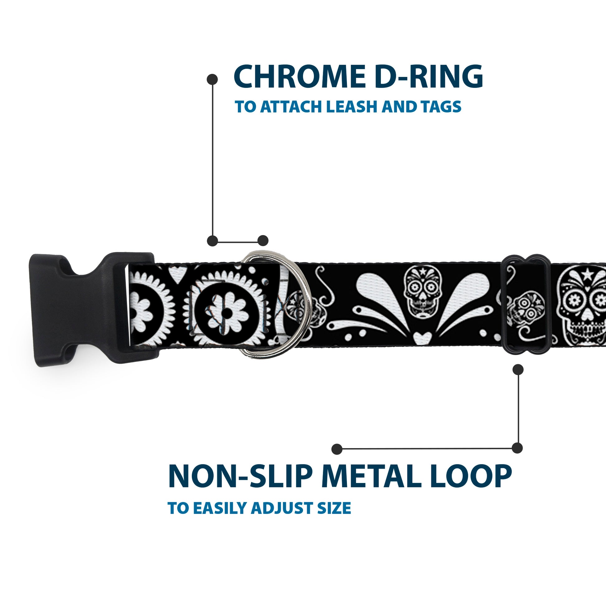 Plastic Clip Collar - Sugar Skulls Black/White Plastic Clip Collars Buckle-Down