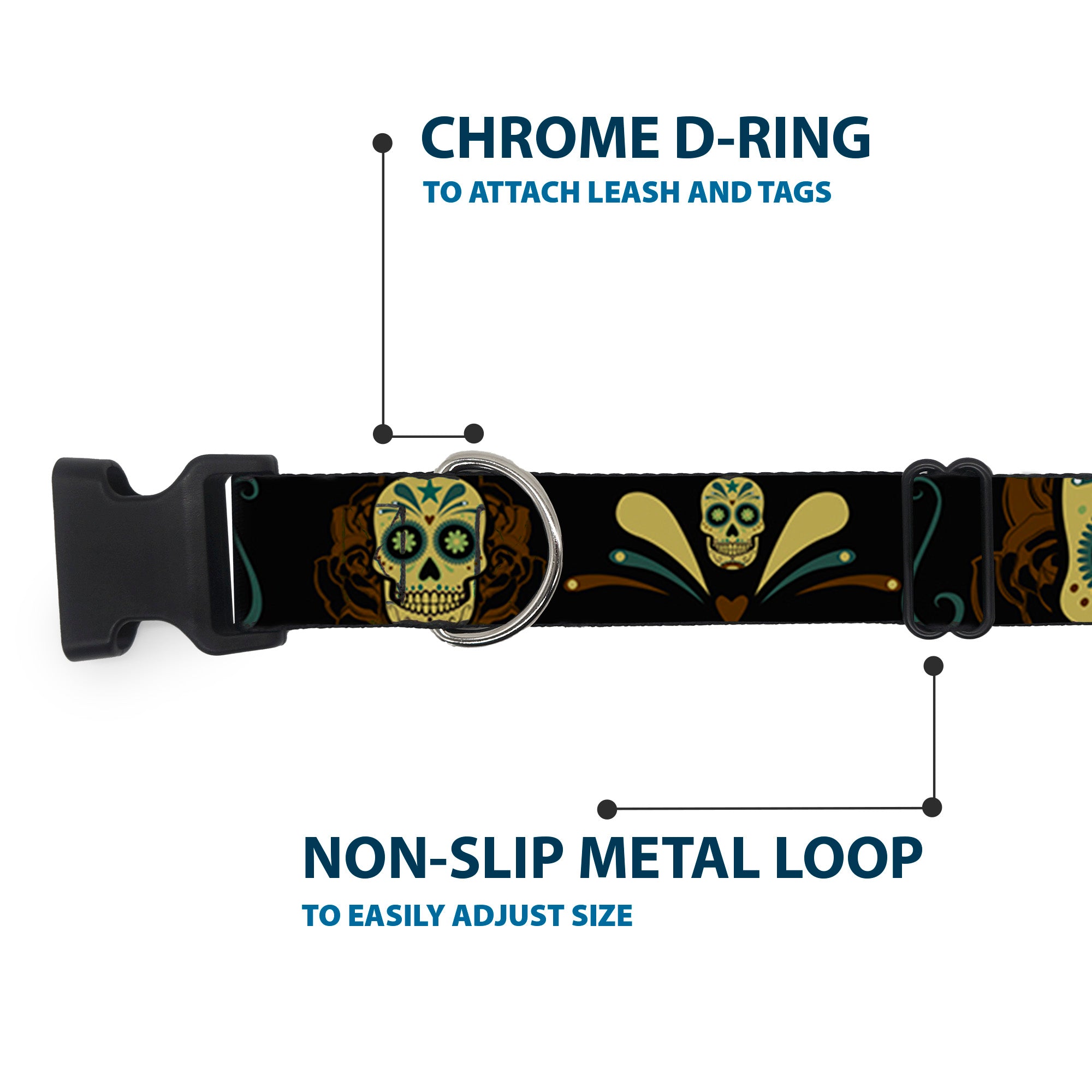 Plastic Clip Collar - Sugar Skulls Black/Olive/Burgundy Plastic Clip Collars Buckle-Down