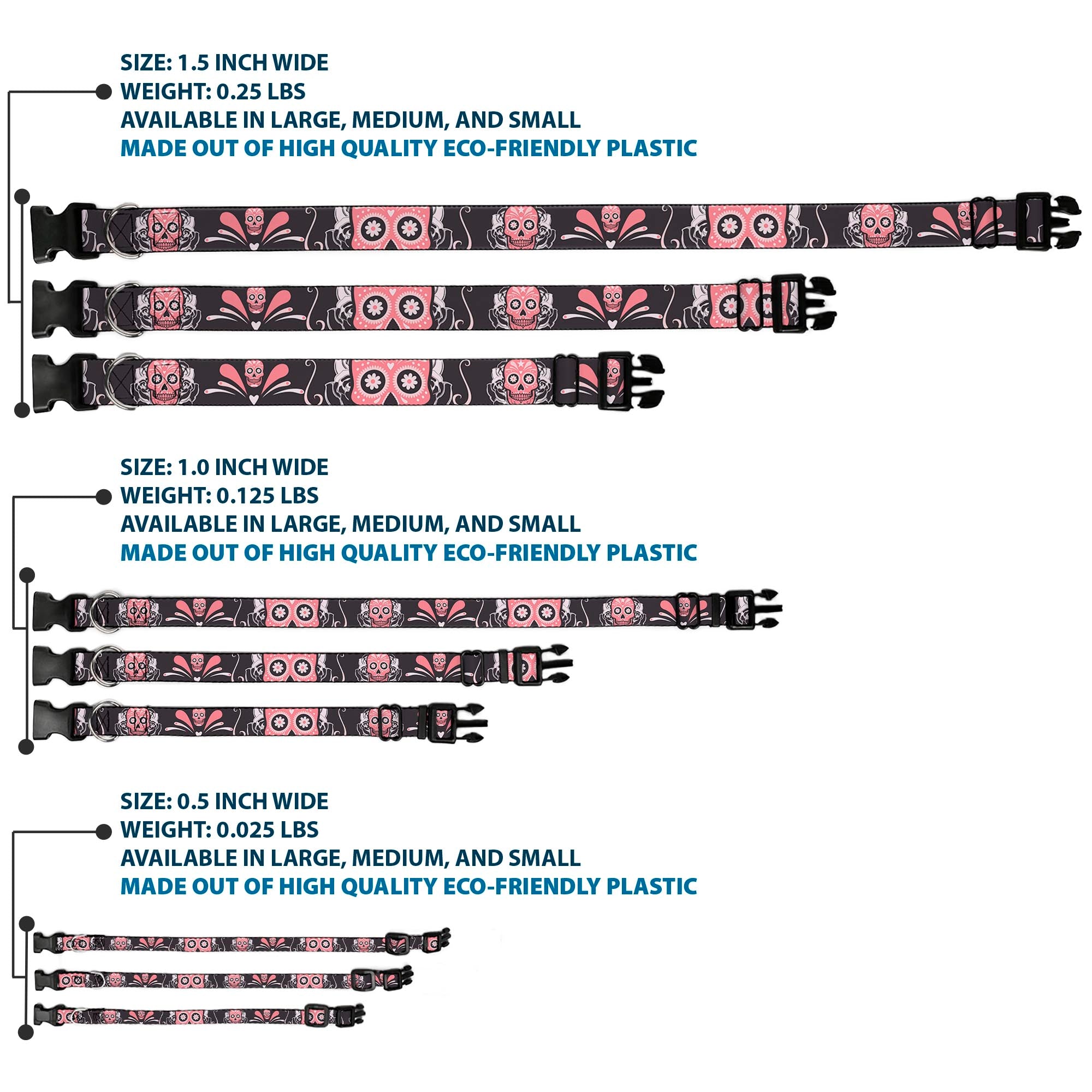 Plastic Clip Collar - Sugar Skulls Gray/Pink Plastic Clip Collars Buckle-Down