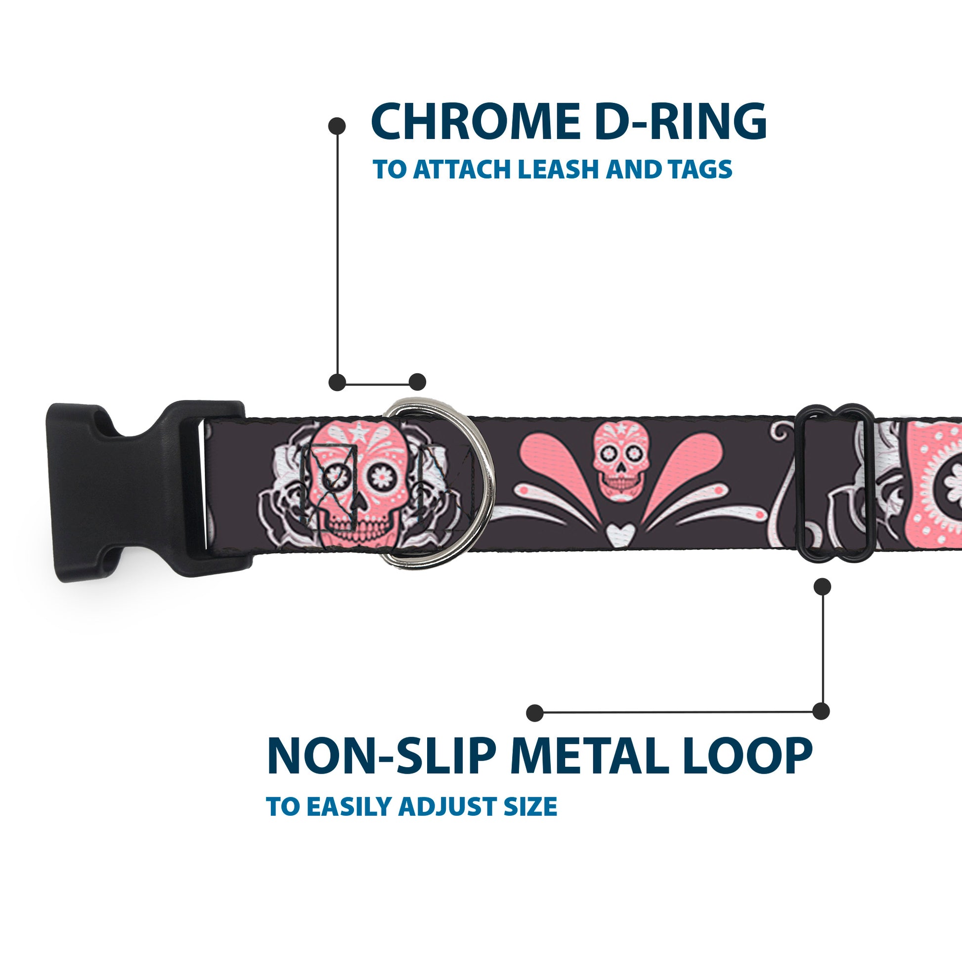 Plastic Clip Collar - Sugar Skulls Gray/Pink Plastic Clip Collars Buckle-Down