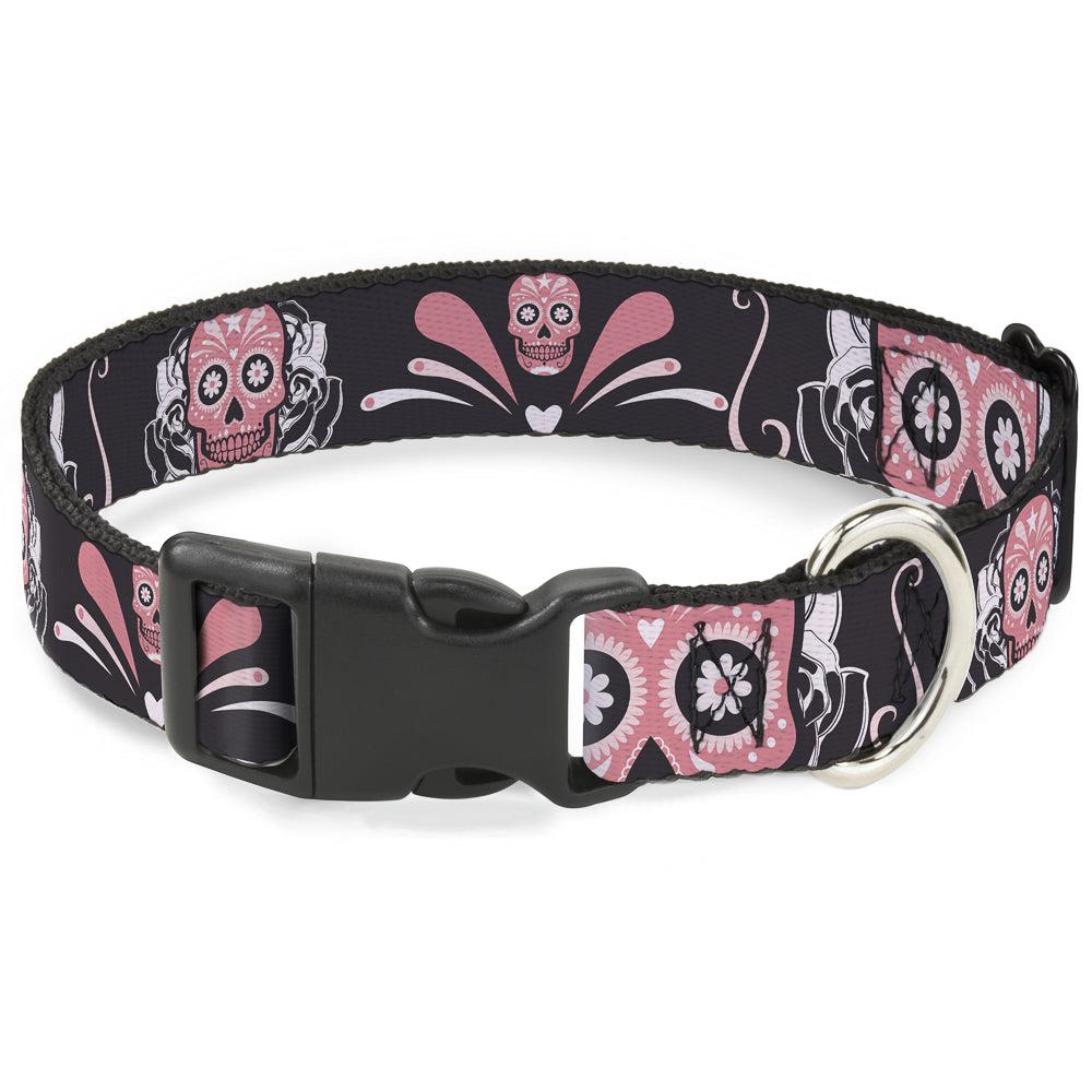 Plastic Clip Collar - Sugar Skulls Gray/Pink Plastic Clip Collars Buckle-Down