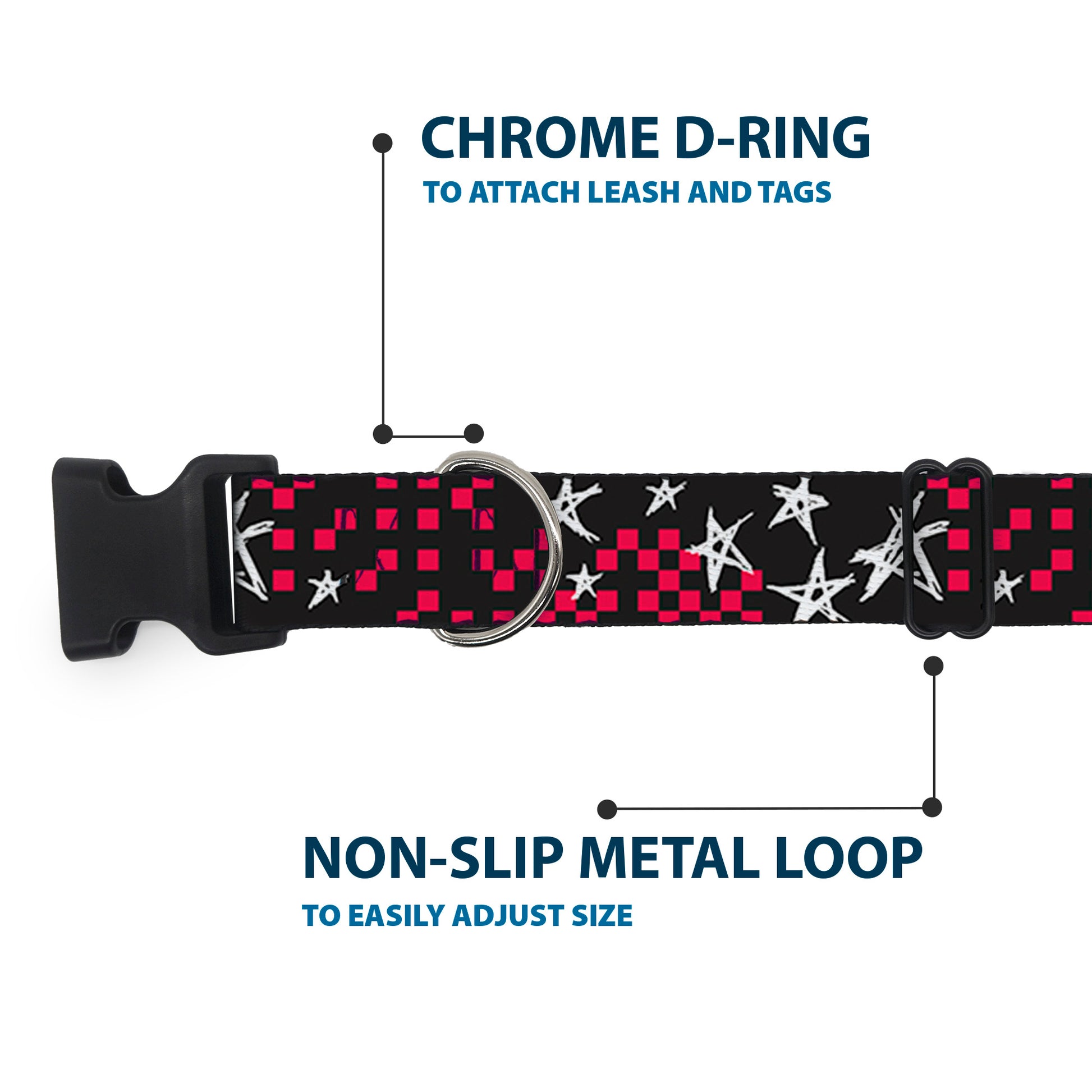 Plastic Clip Collar - Sketch Stars w/Checkers Black/Fuchsia/White Plastic Clip Collars Buckle-Down