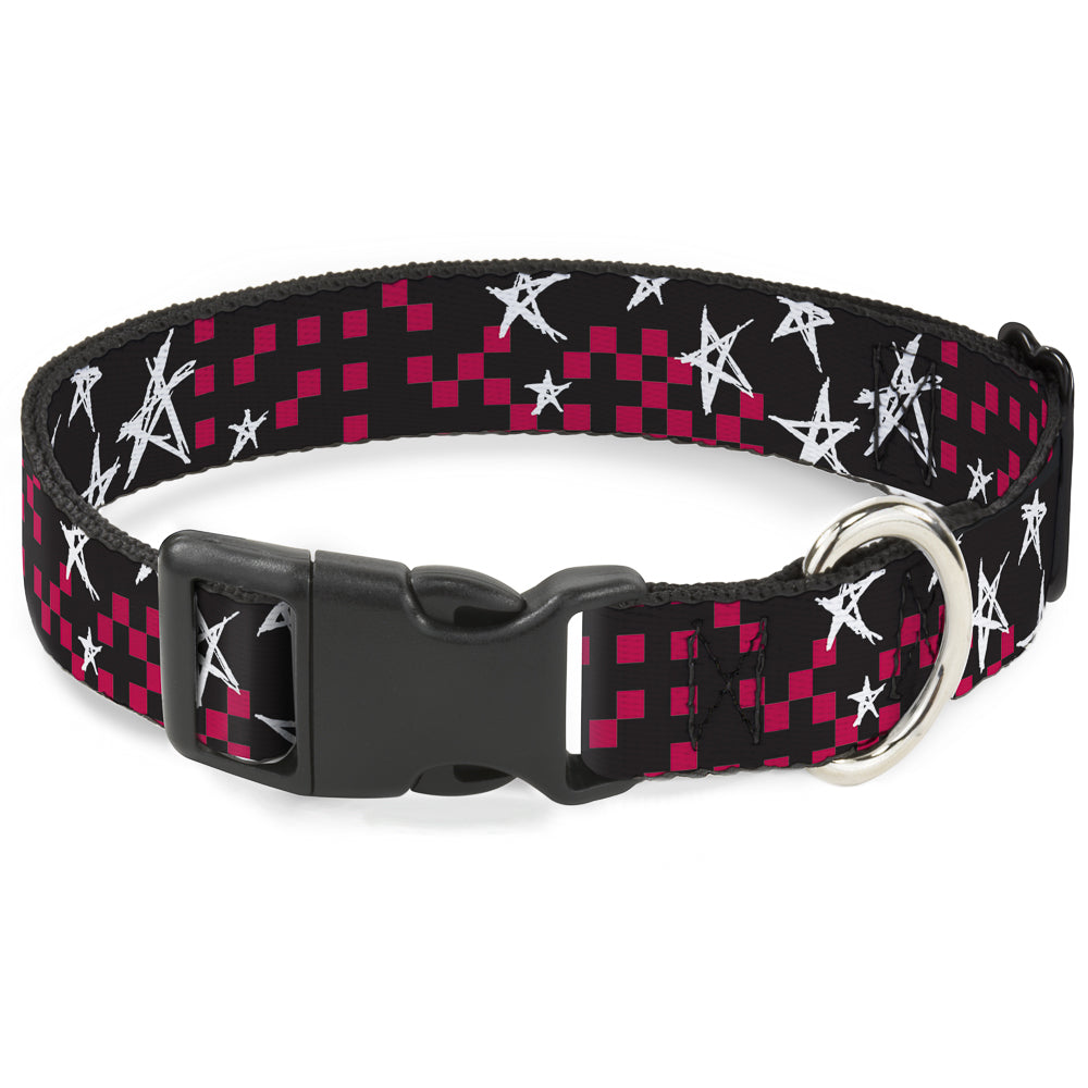 Plastic Clip Collar - Sketch Stars w/Checkers Black/Fuchsia/White Plastic Clip Collars Buckle-Down