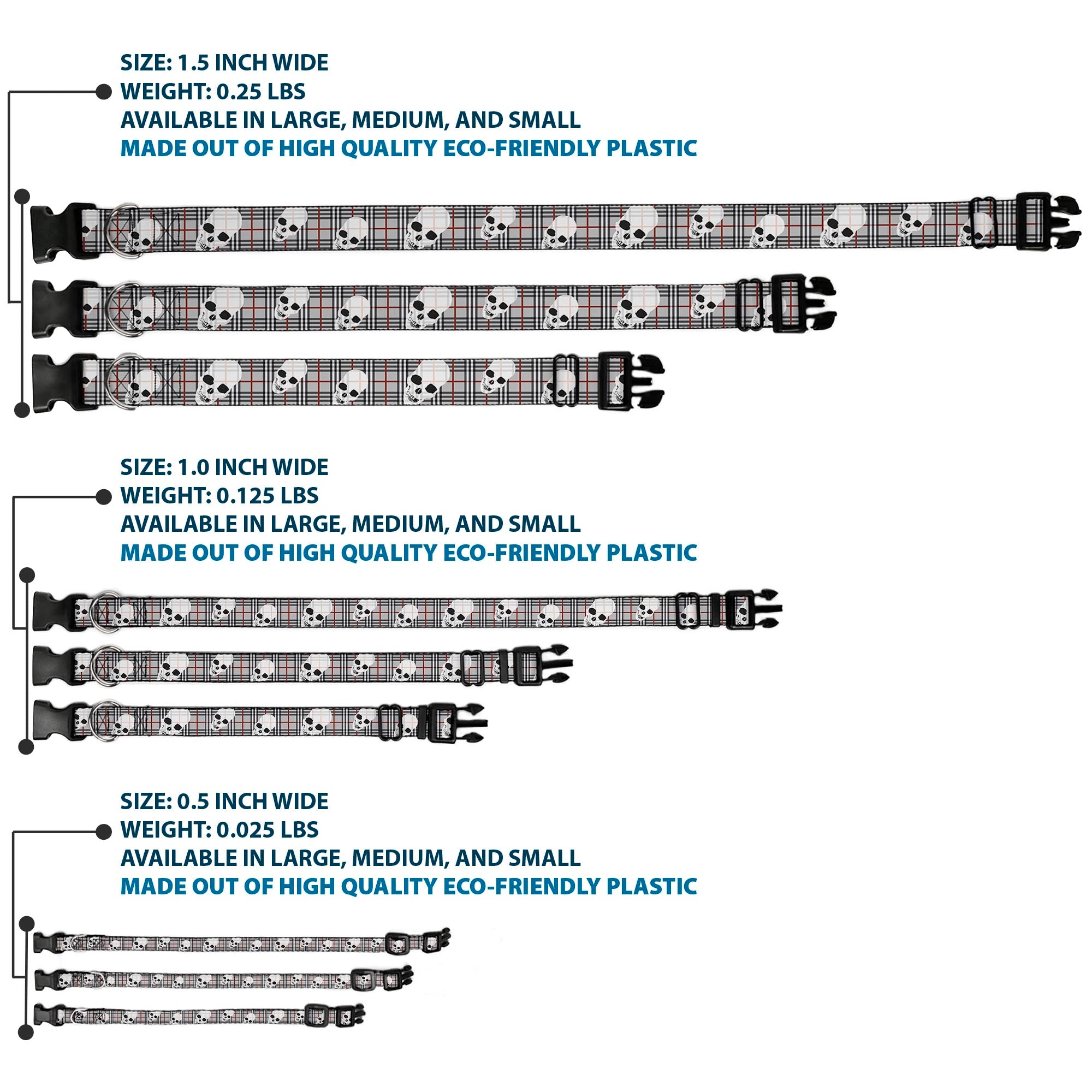 Plastic Clip Collar - Tilted Skulls Plaid Gray Plastic Clip Collars Buckle-Down