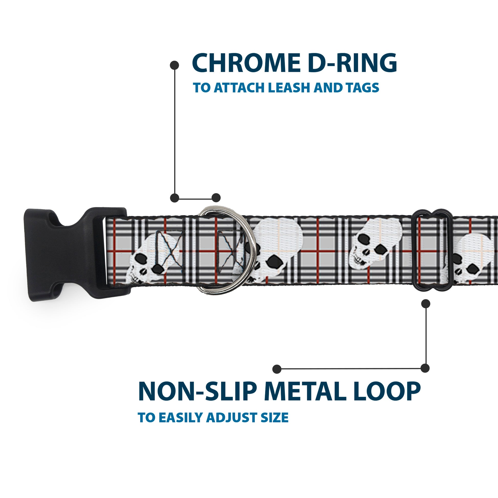 Plastic Clip Collar - Tilted Skulls Plaid Gray Plastic Clip Collars Buckle-Down
