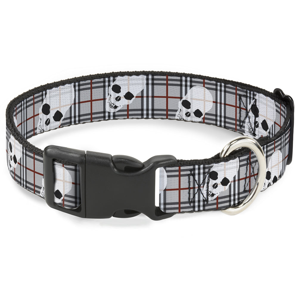 Plastic Clip Collar - Tilted Skulls Plaid Gray Plastic Clip Collars Buckle-Down