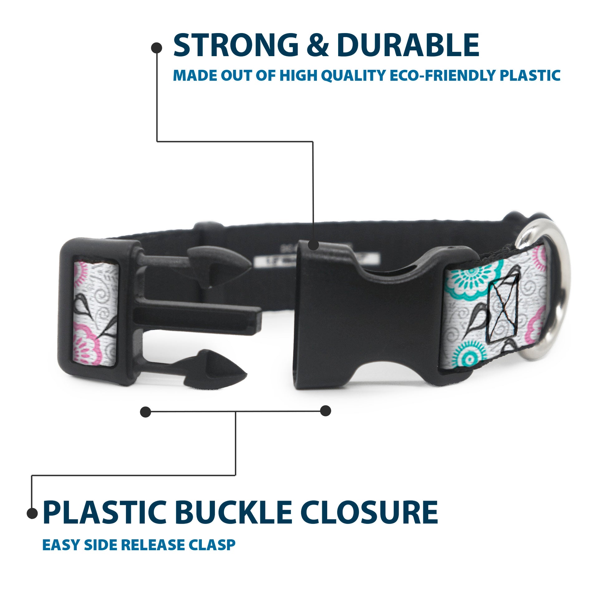 Plastic Clip Collar - Bird Tapestry White/Gray/Turquoise/Pink Plastic Clip Collars Buckle-Down