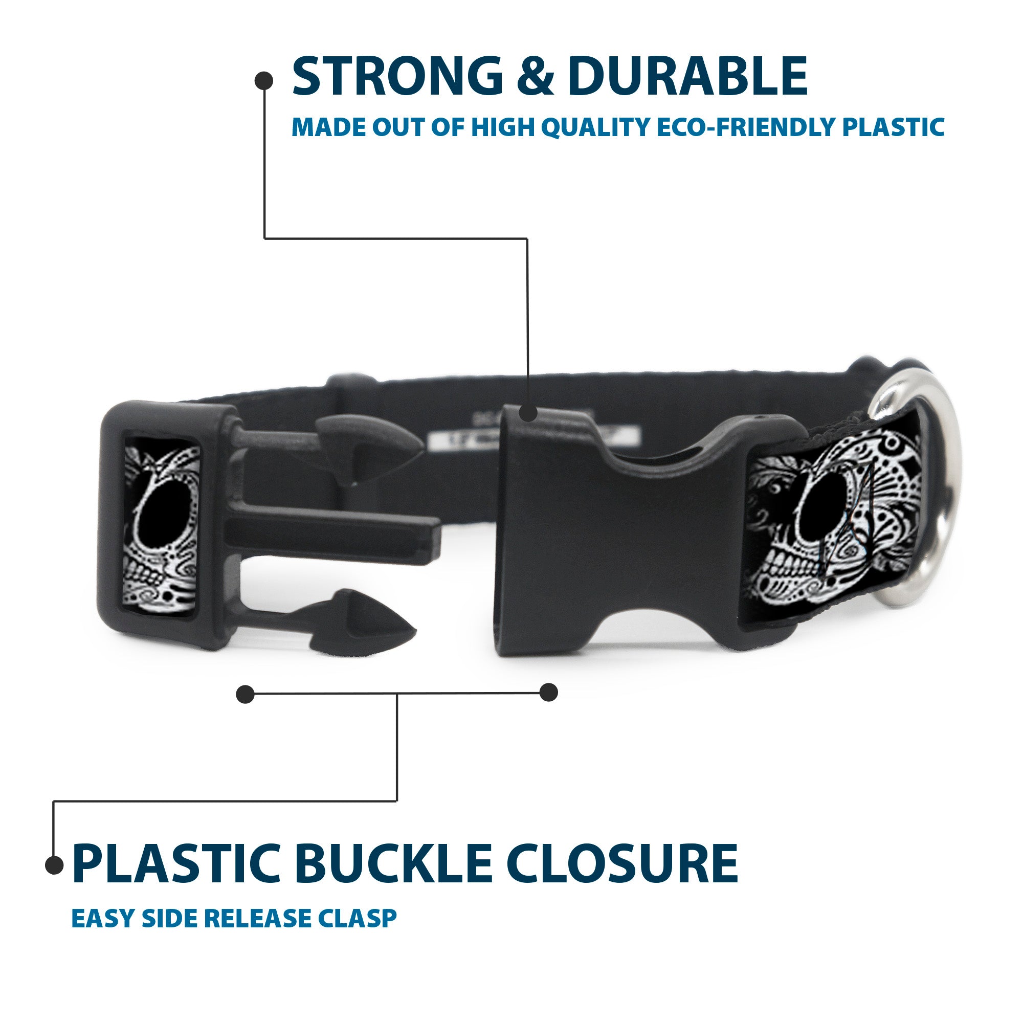 Plastic Clip Collar - Tattoo Skull Floral Black/White Plastic Clip Collars Buckle-Down