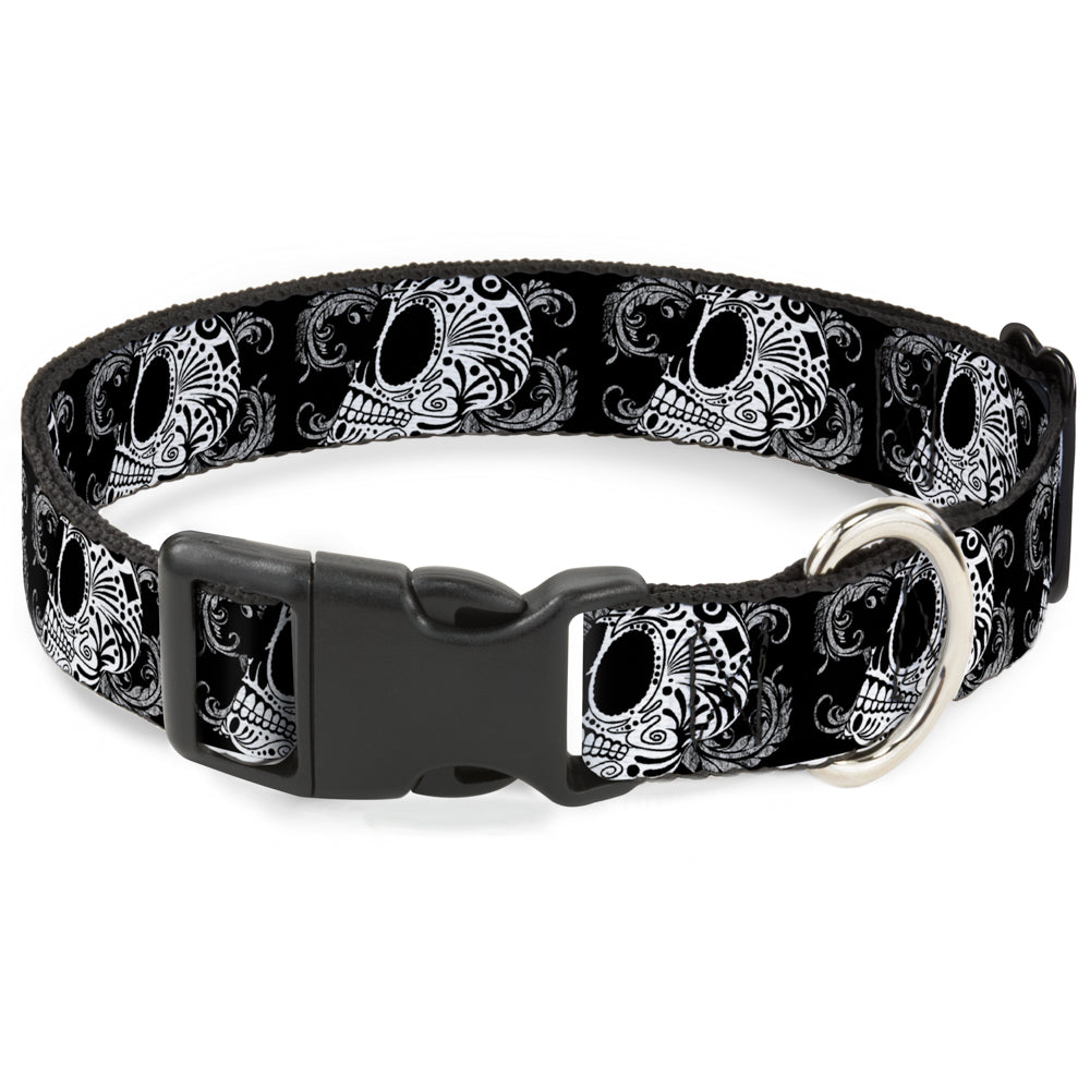 Plastic Clip Collar - Tattoo Skull Floral Black/White Plastic Clip Collars Buckle-Down
