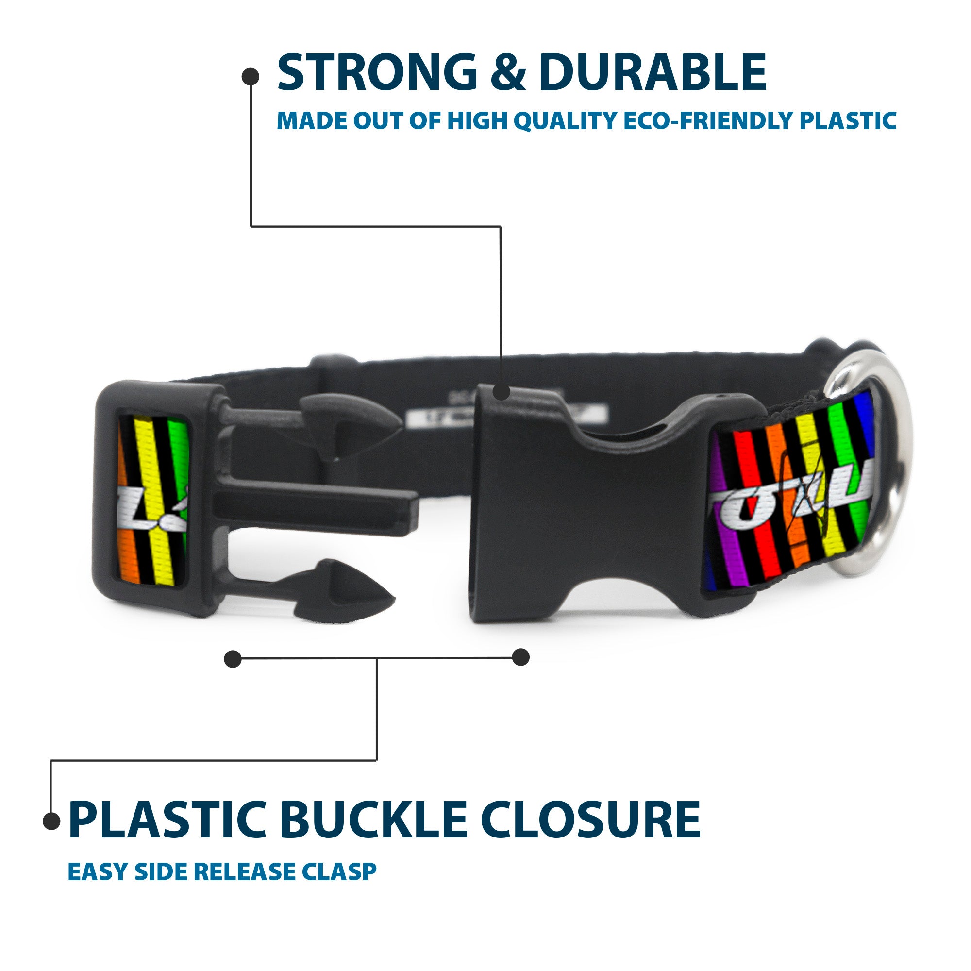 Buckle-Down Plastic Buckle Dog Collar - TASTE MY RAINBOW Black/Multi Color Plastic Clip Collars Buckle-Down