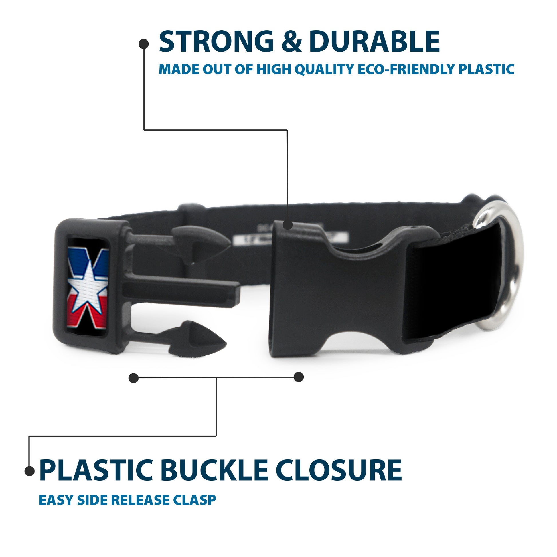 Plastic Clip Collar - TEXAS w/Star Black/White/Blue/Red Plastic Clip Collars Buckle-Down