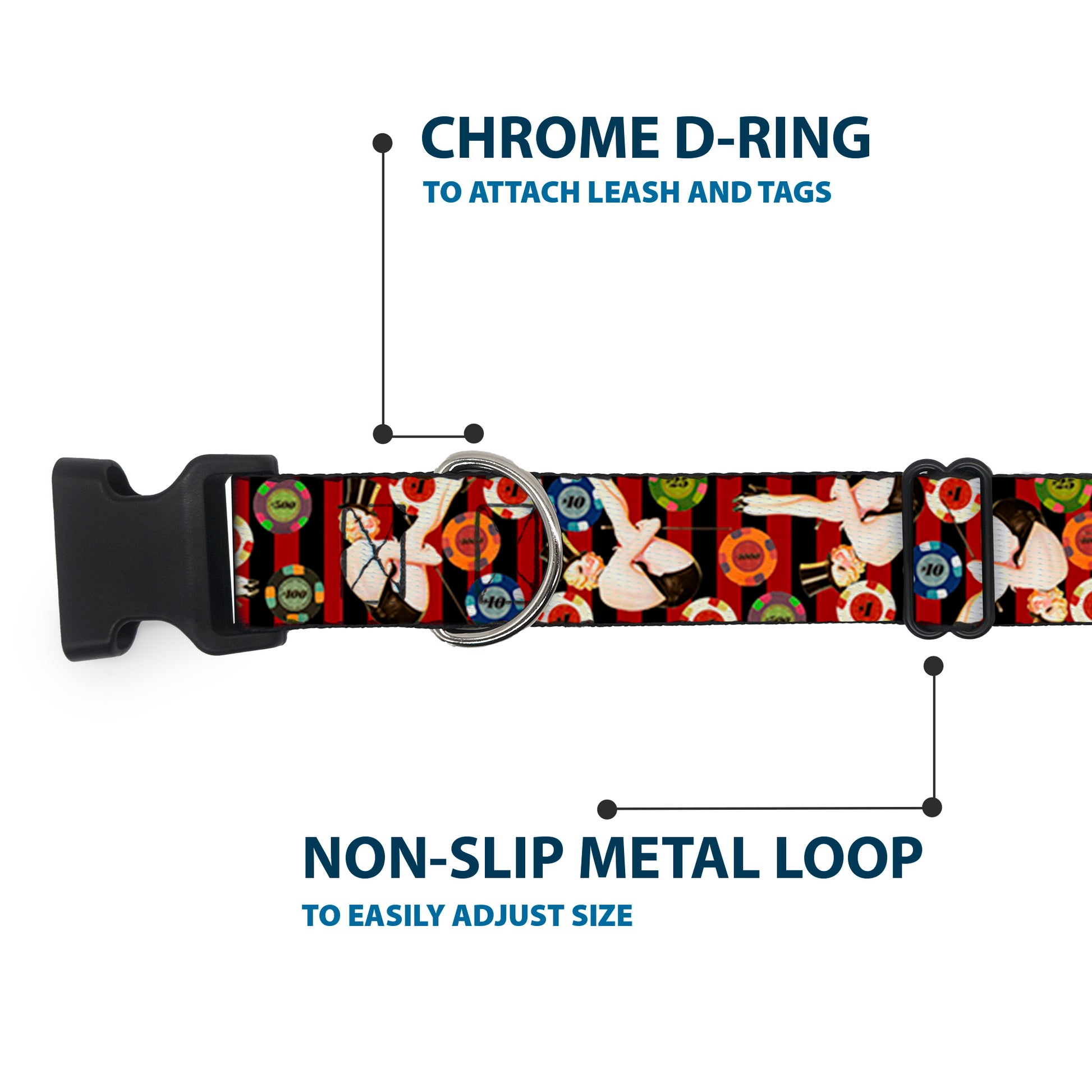 Plastic Clip Collar - Top Hat Pin Up Girl/Poker Chips Vertical Stripes Red/Black Plastic Clip Collars Buckle-Down