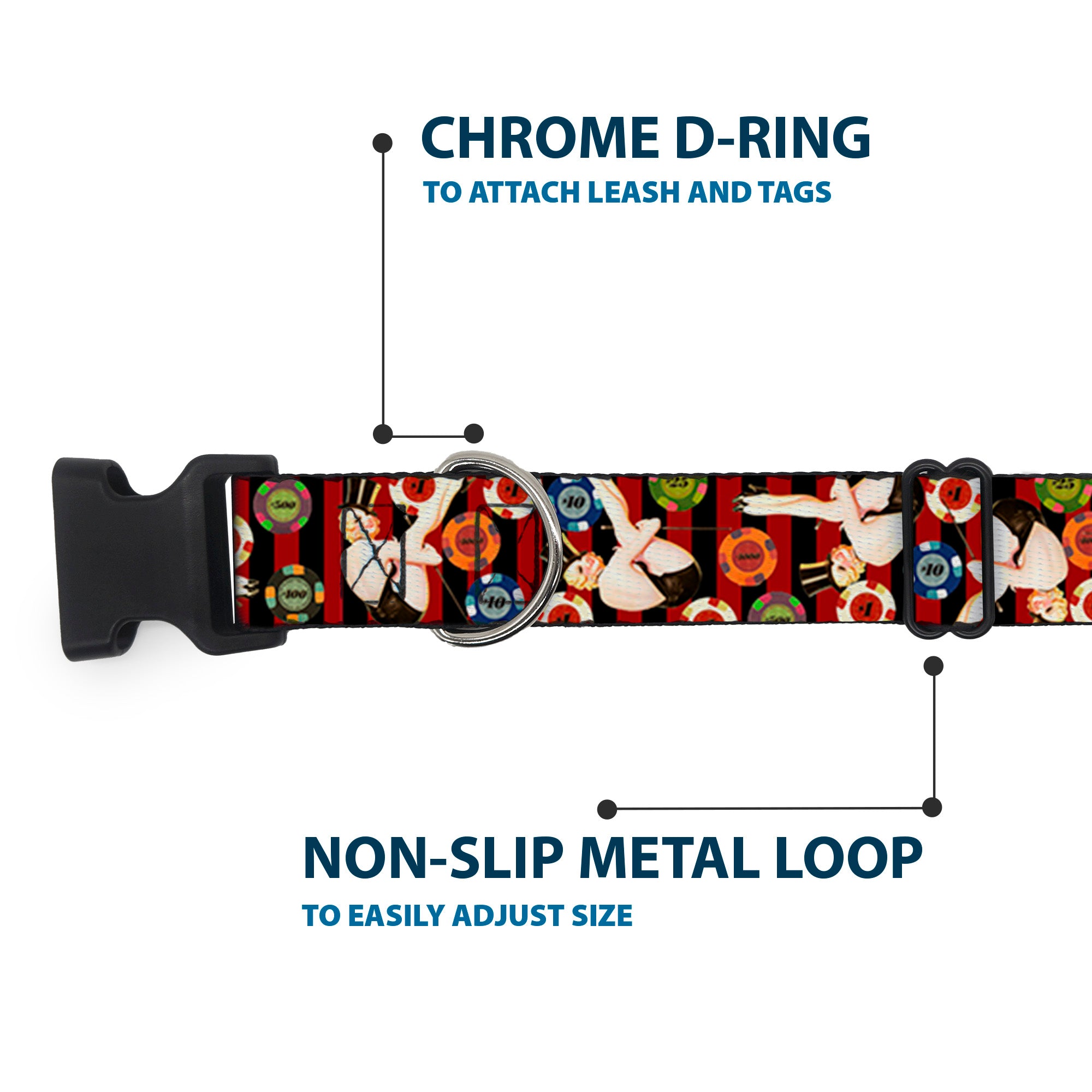 Plastic Clip Collar - Top Hat Pin Up Girl/Poker Chips Vertical Stripes Red/Black Plastic Clip Collars Buckle-Down