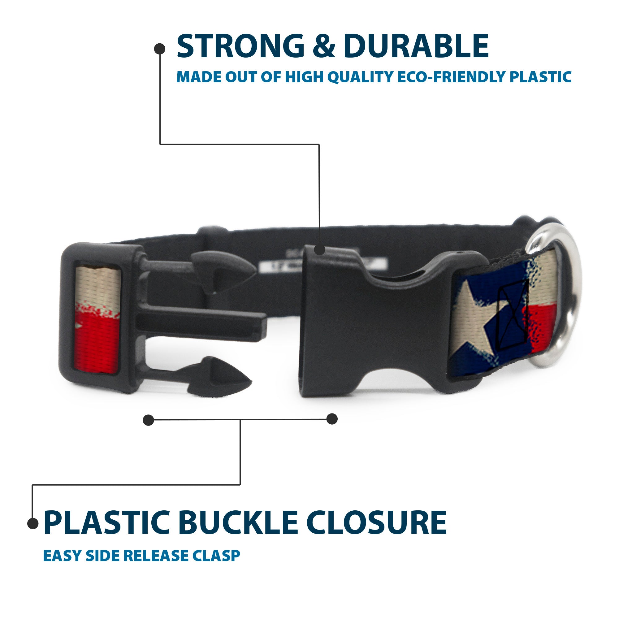 Plastic Clip Collar - Texas Flag CLOSE-UP Distressed Painting Plastic Clip Collars Buckle-Down