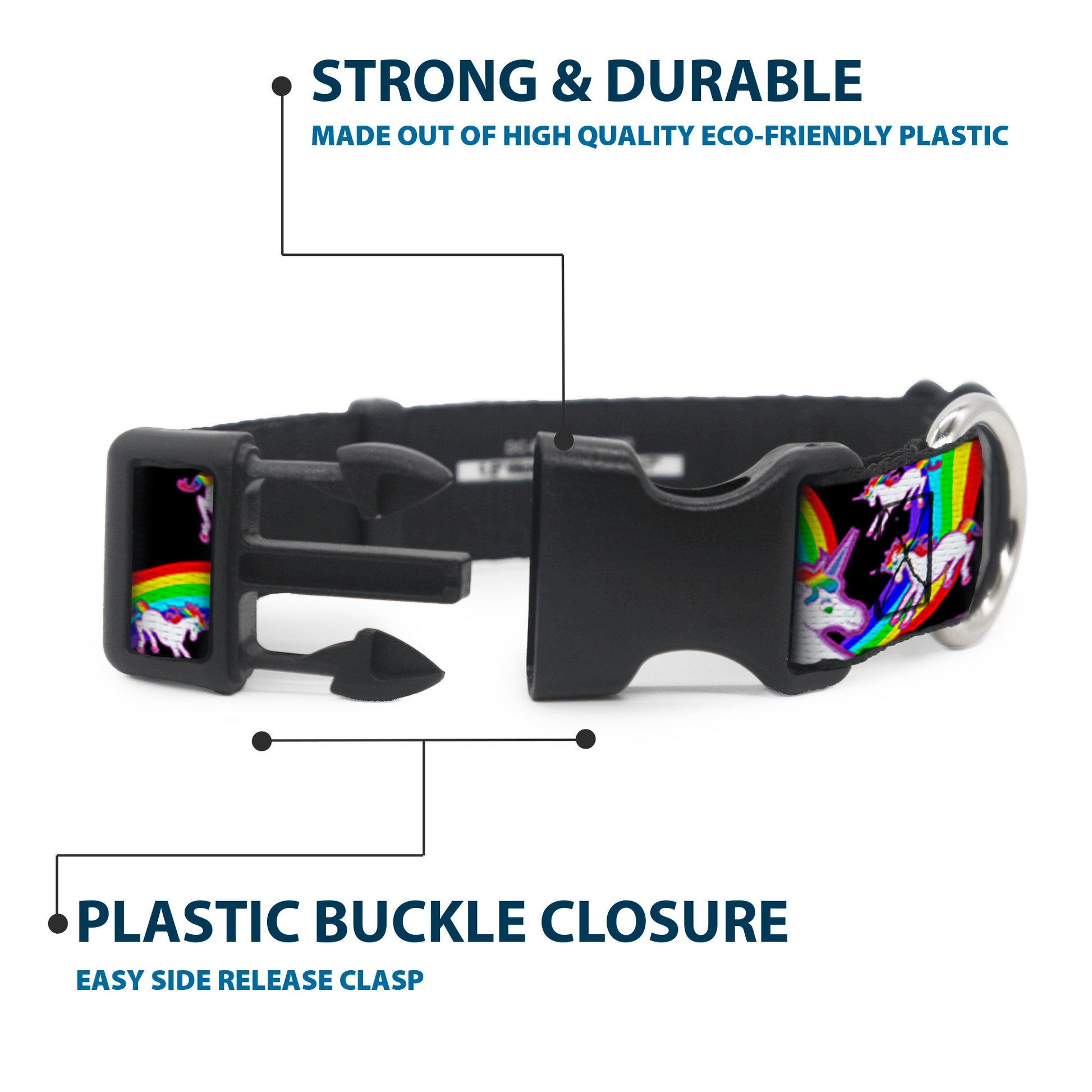 Plastic Clip Collar - Unicorns/Rainbow Swirl Black Plastic Clip Collars Buckle-Down