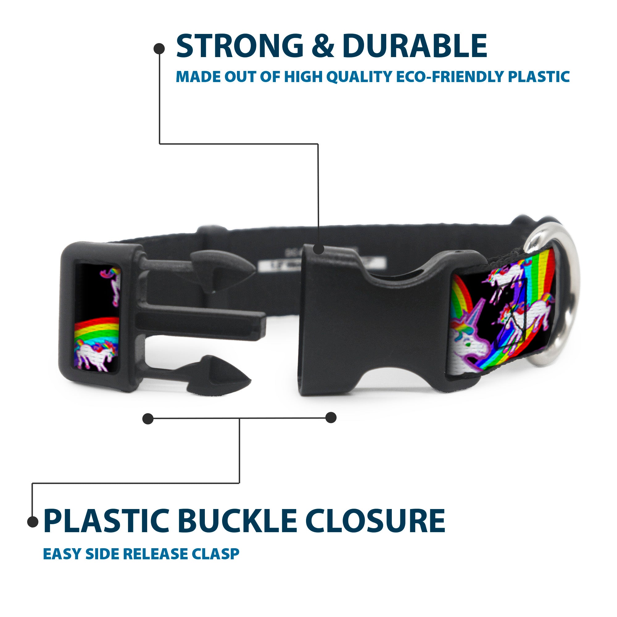 Plastic Clip Collar - Unicorns/Rainbow Swirl Black Plastic Clip Collars Buckle-Down