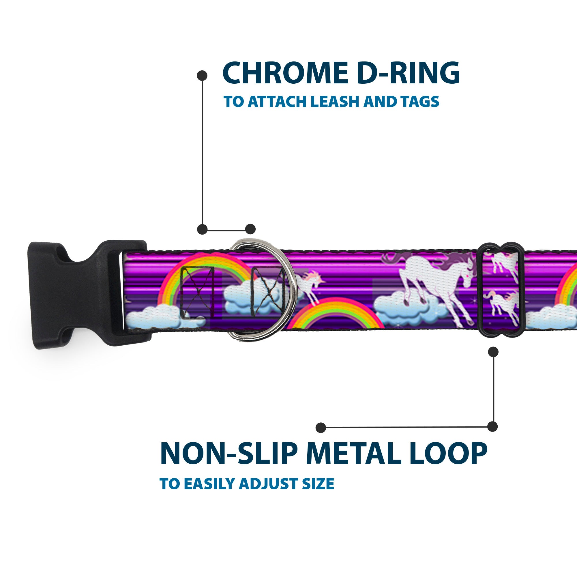 Plastic Clip Collar - Unicorns/Rainbows w/Stripes Purple Plastic Clip Collars Buckle-Down