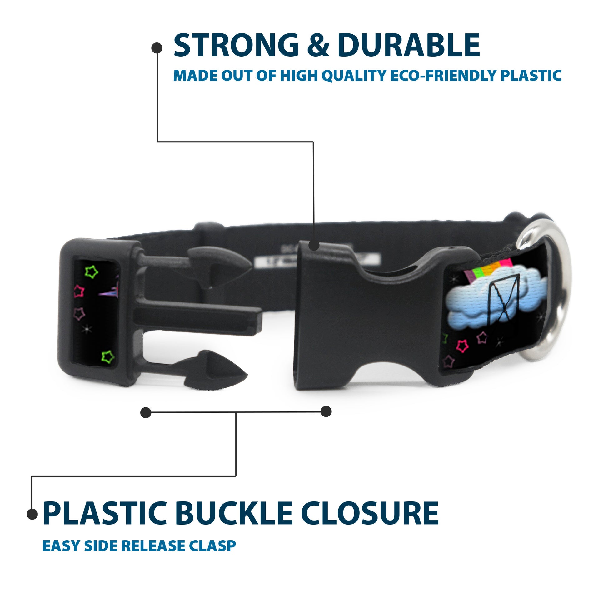 Plastic Clip Collar - Unicorns/Rainbows/Stars Black Plastic Clip Collars Buckle-Down