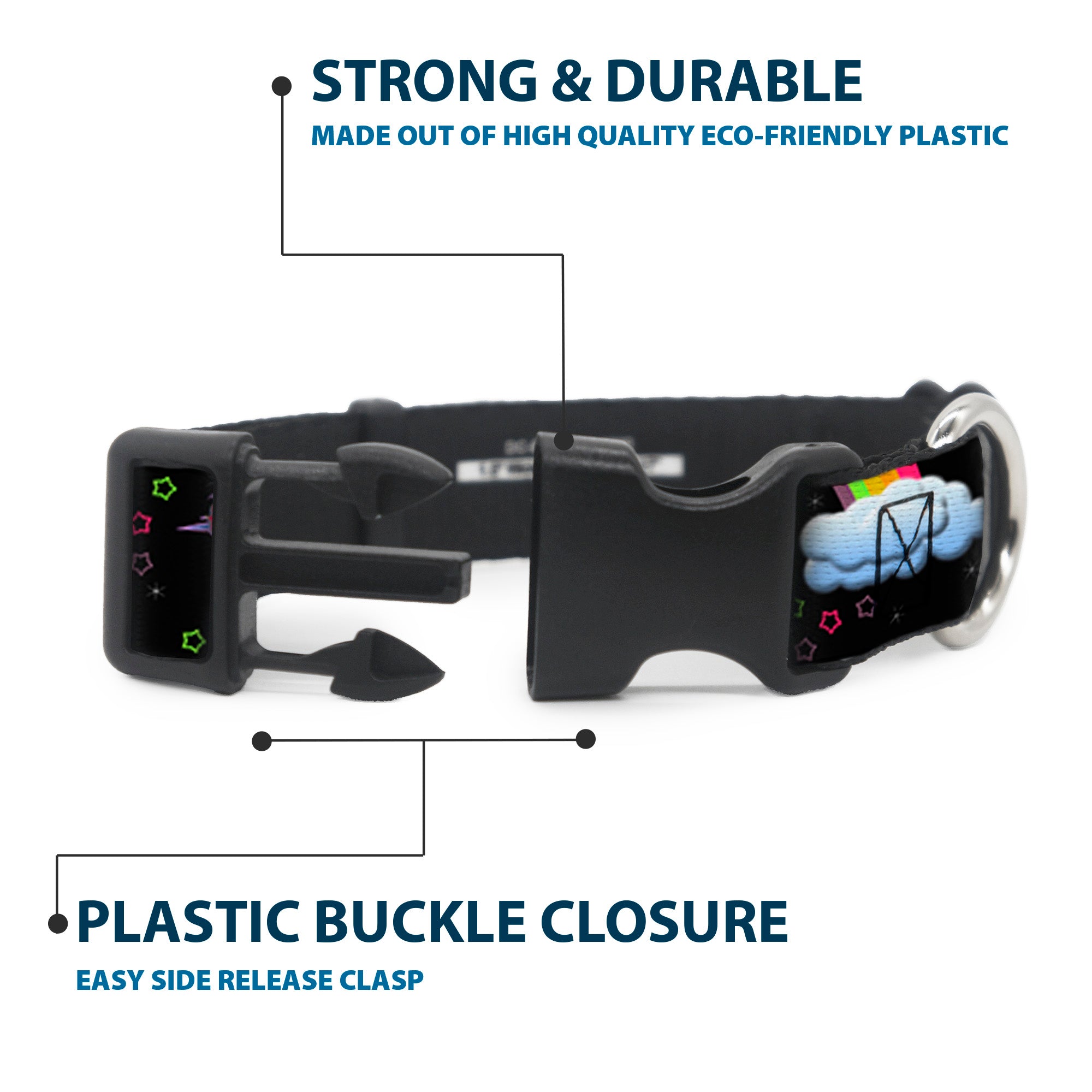 Plastic Clip Collar - Unicorns/Rainbows/Stars Black Plastic Clip Collars Buckle-Down