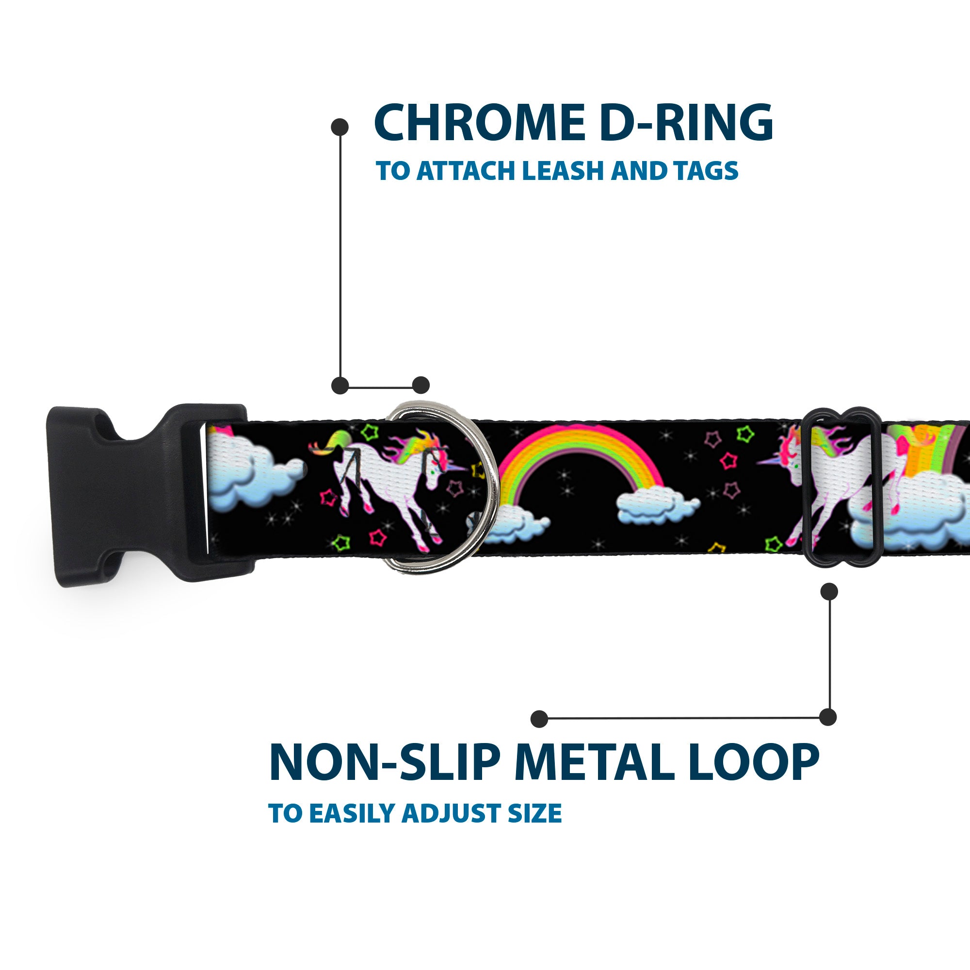Plastic Clip Collar - Unicorns/Rainbows/Stars Black Plastic Clip Collars Buckle-Down
