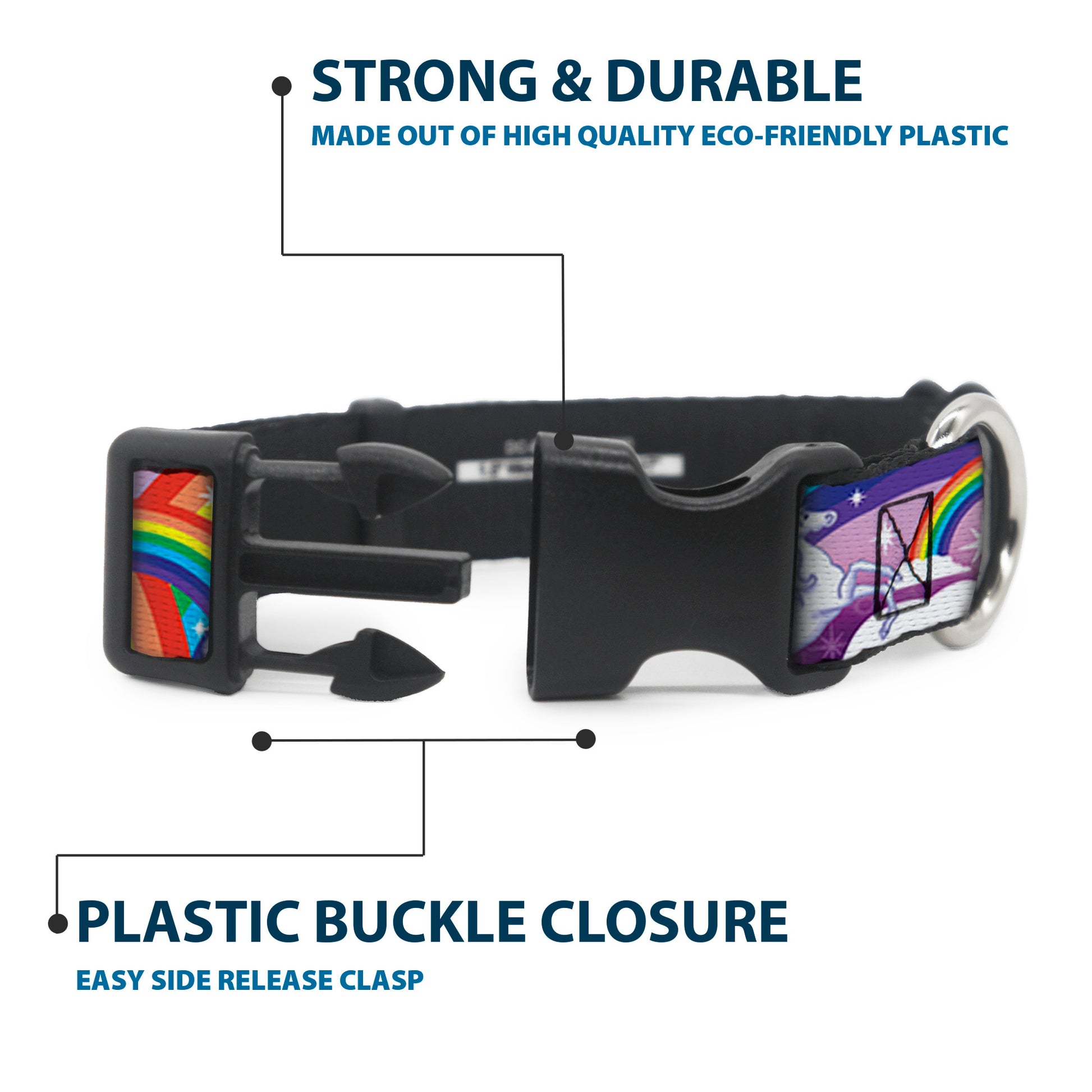 Plastic Clip Collar - Unicorns in Rainbows w/Sparkles/Purple Plastic Clip Collars Buckle-Down