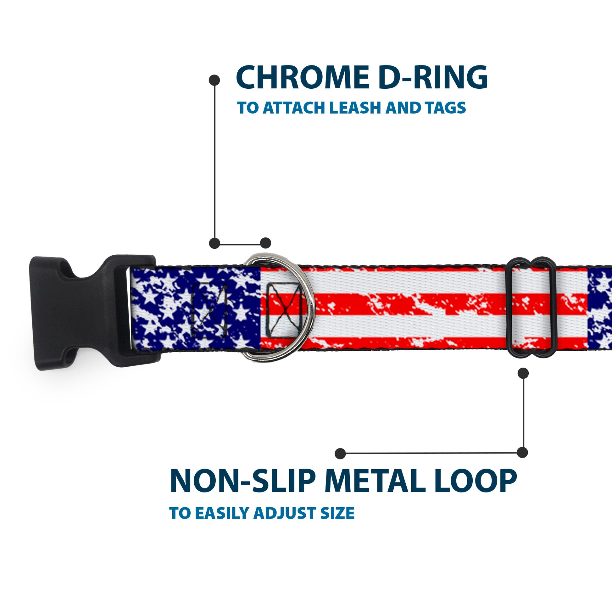 Plastic Clip Collar - United States Flags CLOSE-UP Weathered Plastic Clip Collars Buckle-Down