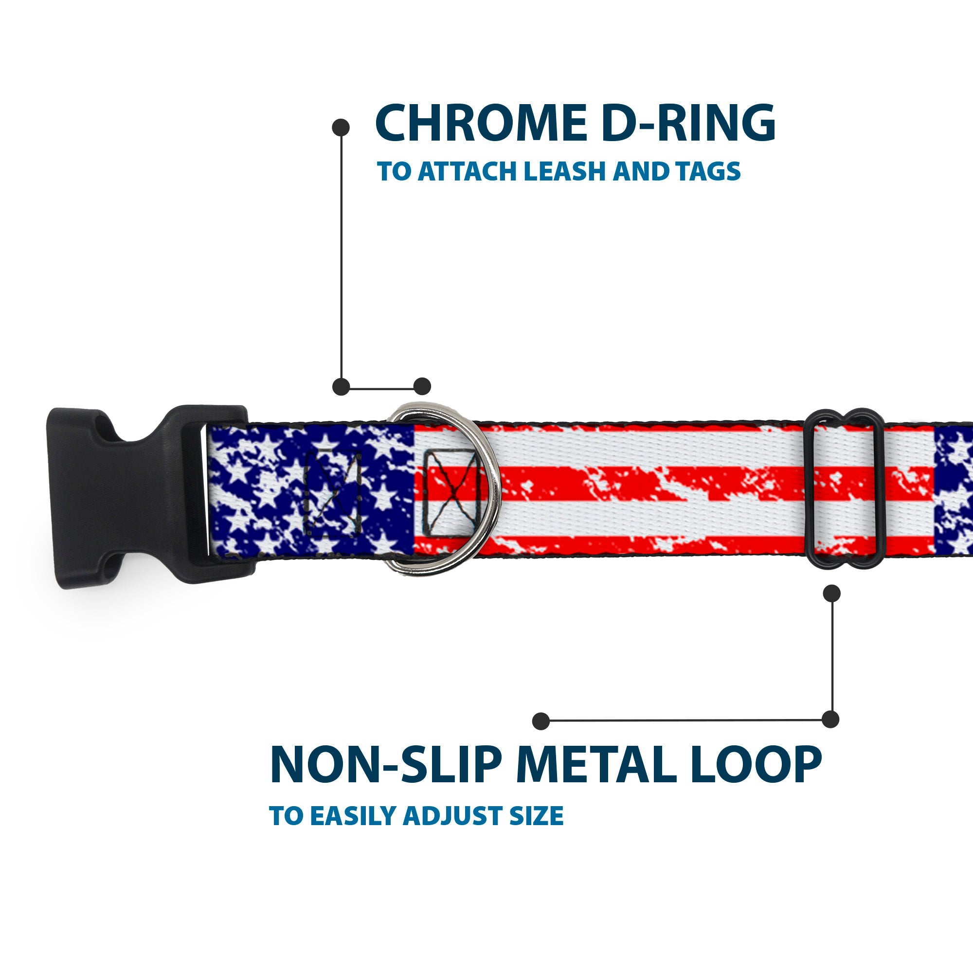 Plastic Clip Collar - United States Flags CLOSE-UP Weathered Plastic Clip Collars Buckle-Down