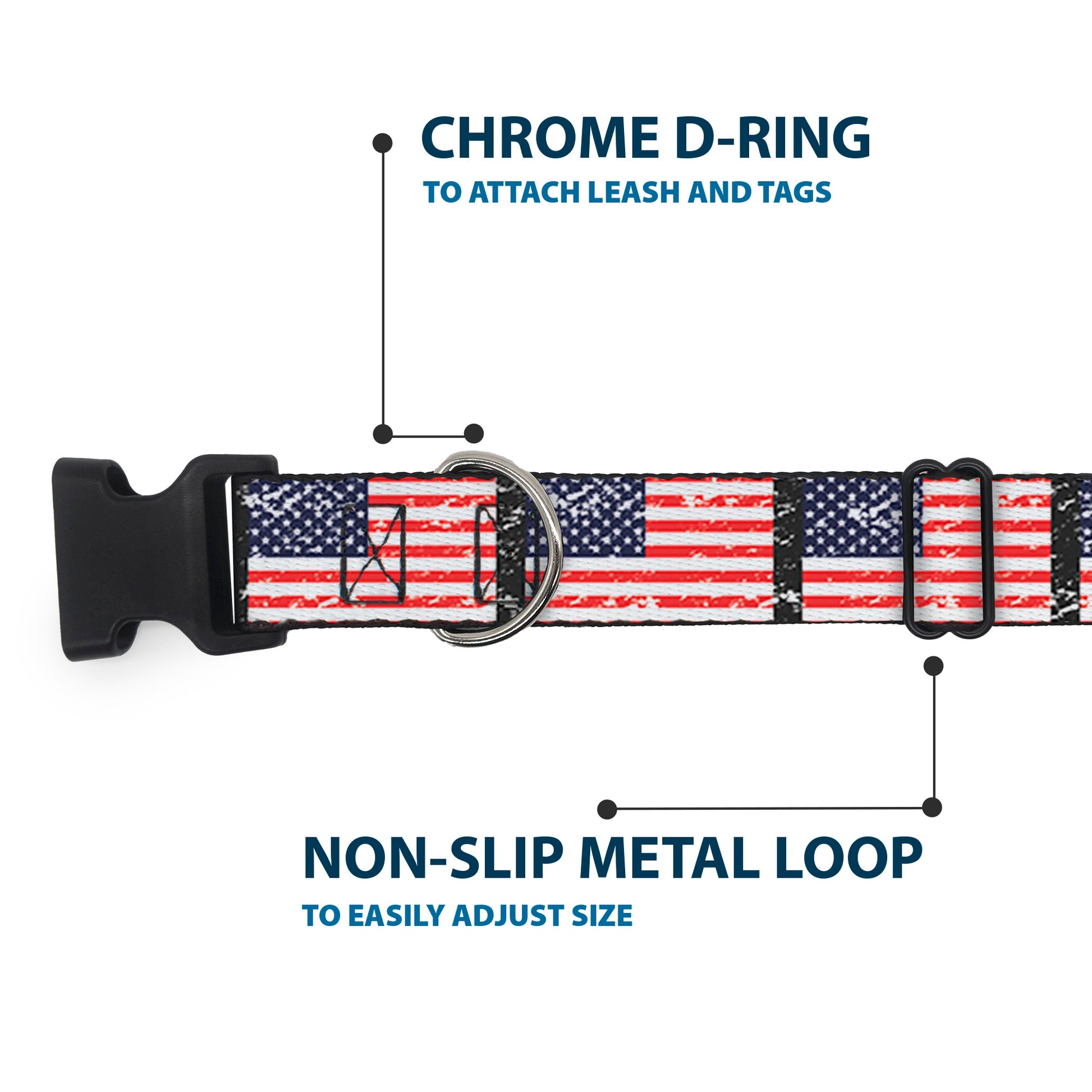 Plastic Clip Collar - United States Flags Weathered/Black Plastic Clip Collars Buckle-Down