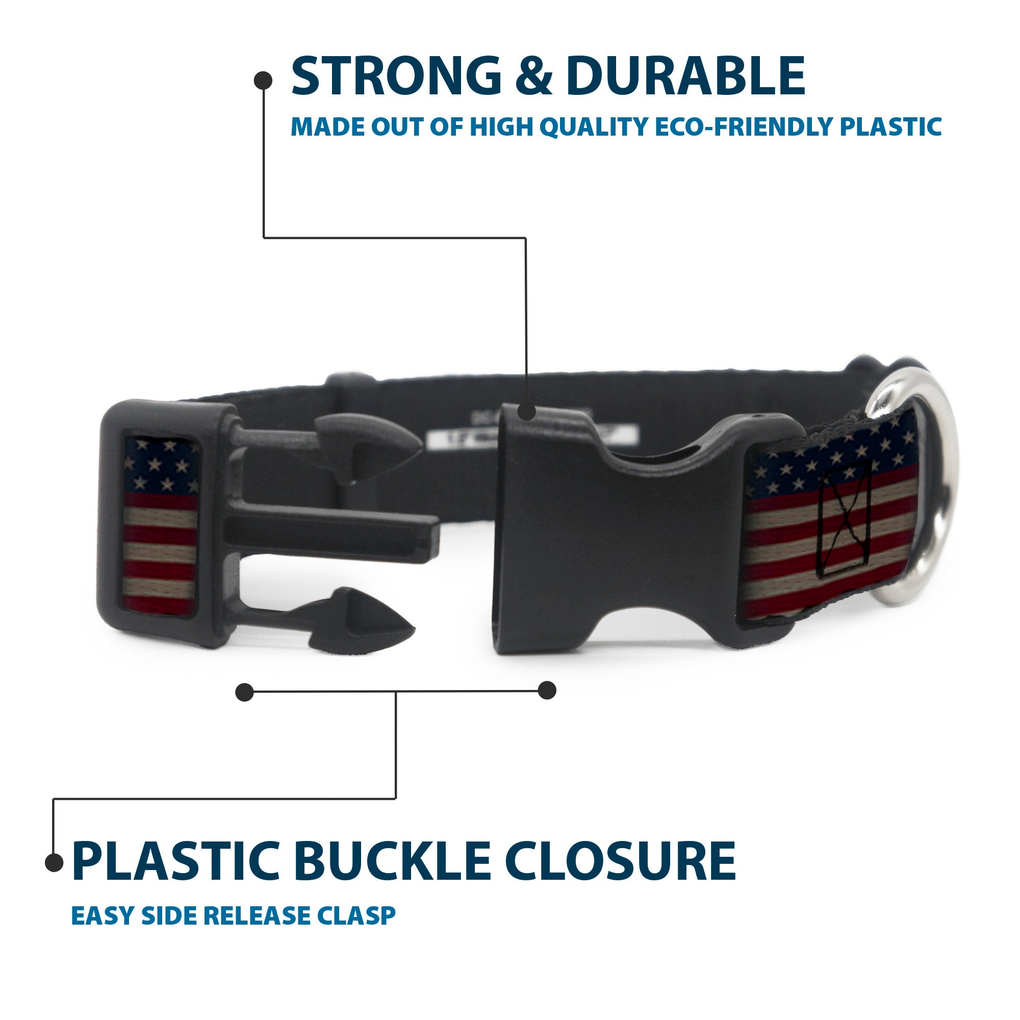 Plastic Clip Collar - United States Flag Stars & Stripes Distressed Plastic Clip Collars Buckle-Down