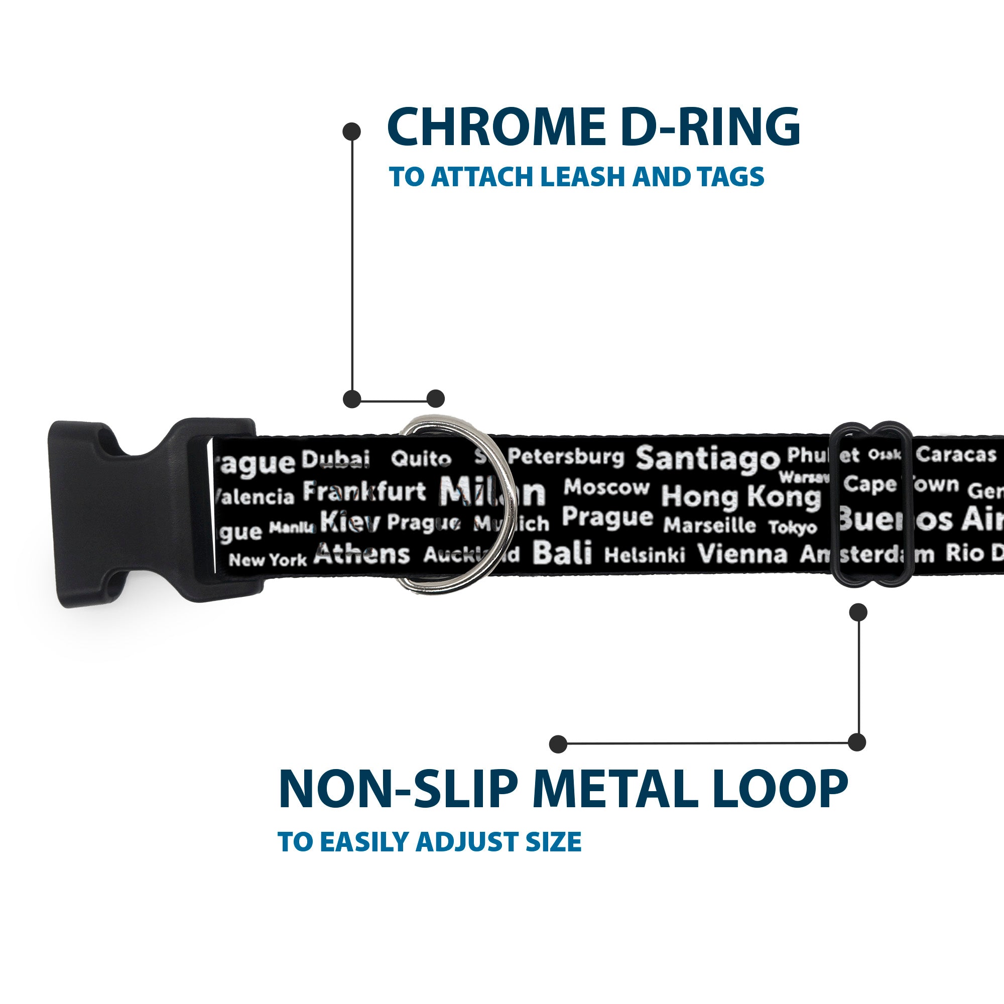 Plastic Clip Collar - Verbiage Destination Cities Black/White Plastic Clip Collars Buckle-Down