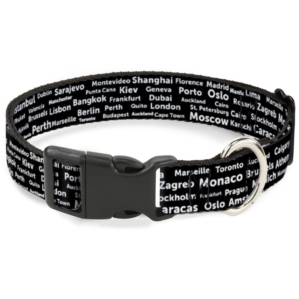 Plastic Clip Collar - Verbiage Destination Cities Black/White Plastic Clip Collars Buckle-Down
