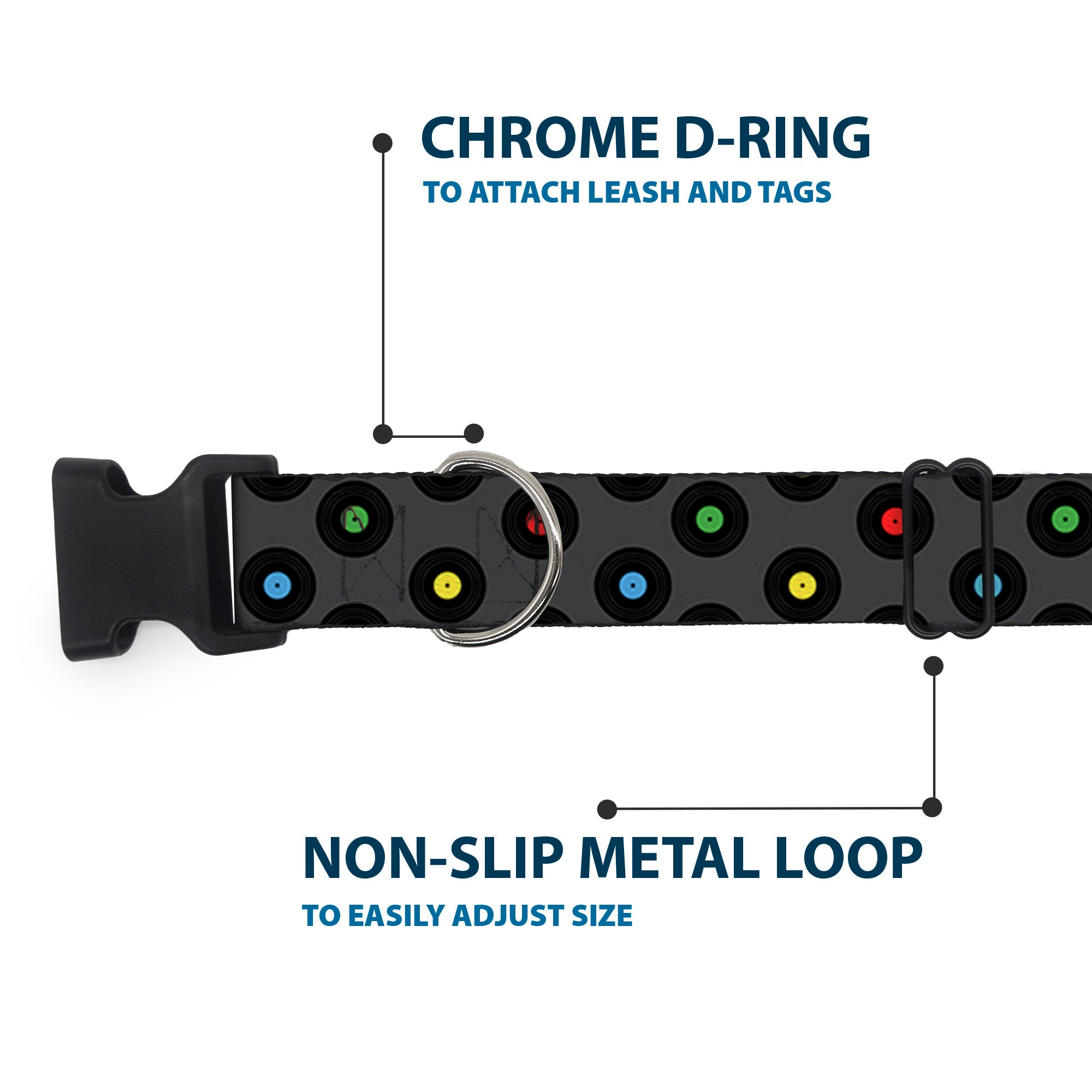 Plastic Clip Collar - Vinyl Records Gray/Black/Mutli Color Plastic Clip Collars Buckle-Down