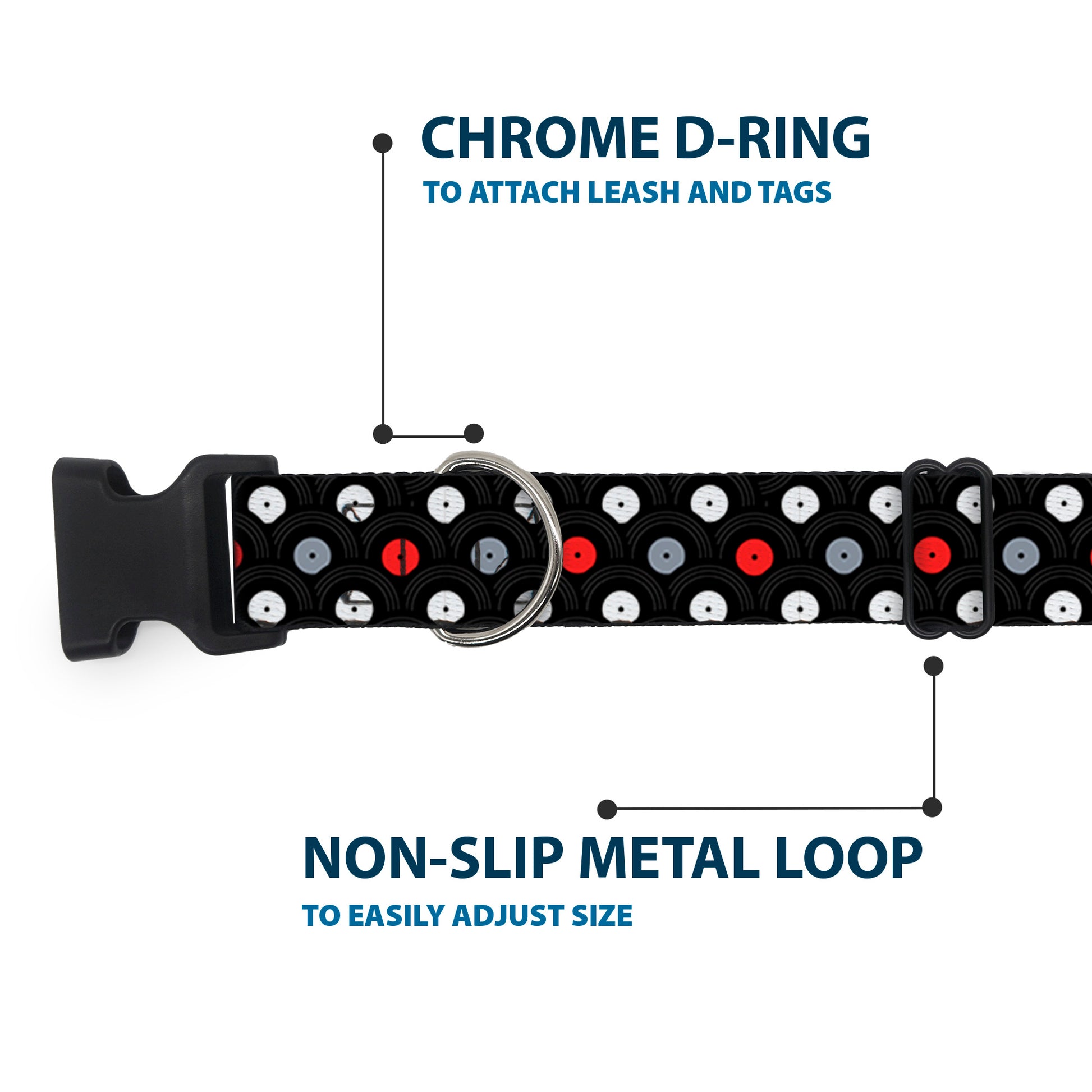 Plastic Clip Collar - Vinyl Records Stacked Black/Gray/Red/White Plastic Clip Collars Buckle-Down