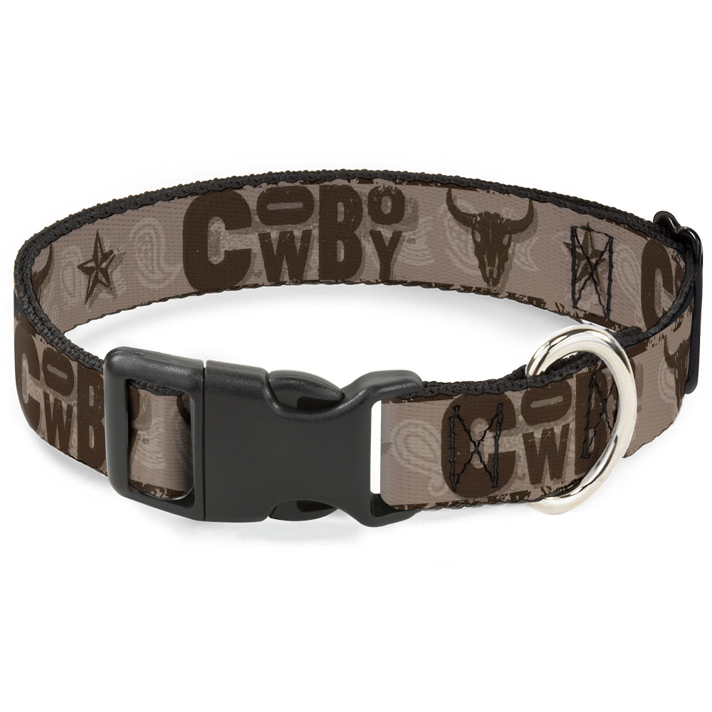 Plastic Clip Collar - Western COWBOY Icons Collage Tan/Browns Plastic Clip Collars Buckle-Down
