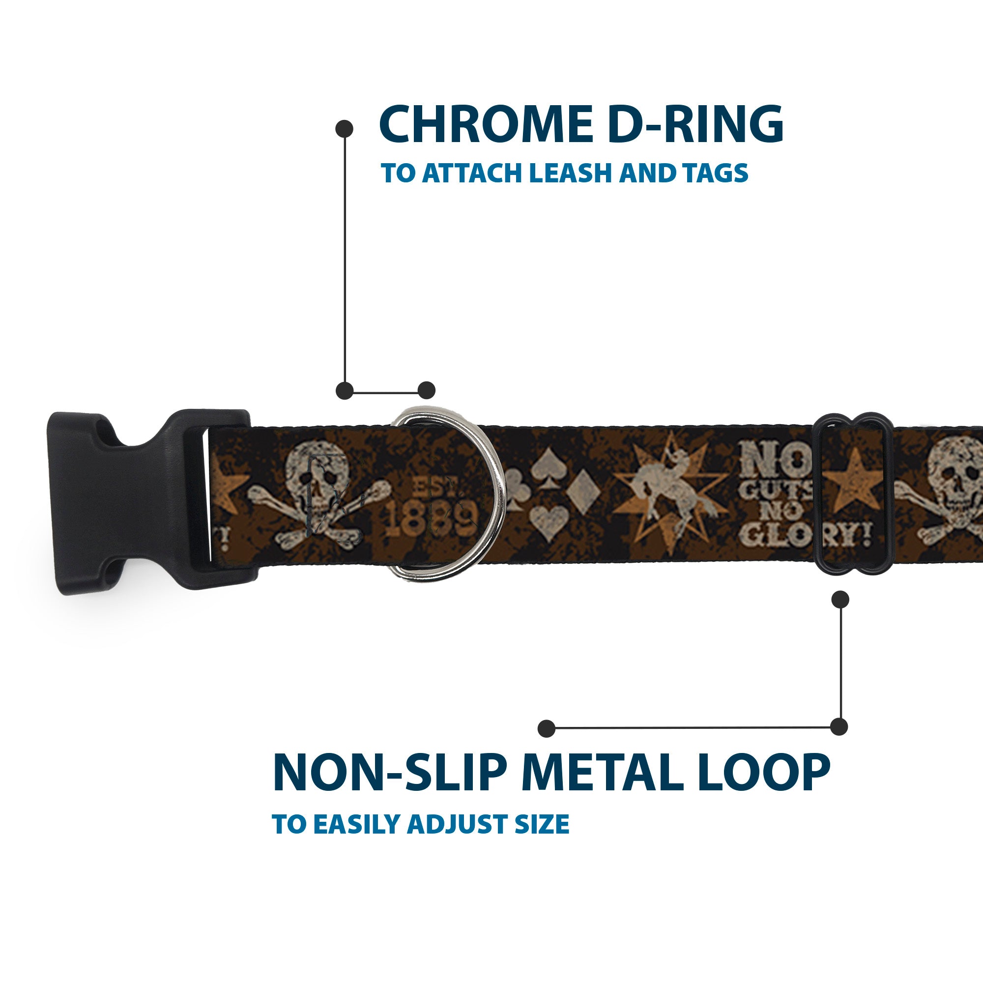 Plastic Clip Collar - Western NO GUTS NO GLORY Skull and Crossbones Browns/Gray Plastic Clip Collars Buckle-Down
