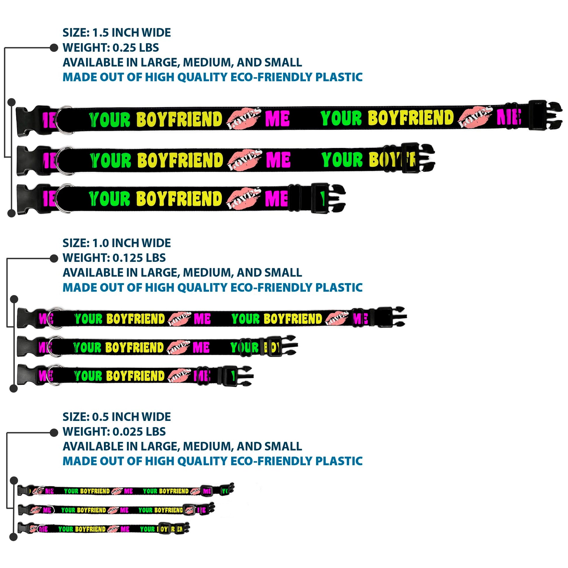 Plastic Clip Collar - YOUR BOYFRIEND LOVES ME w/Kiss Black/Neon Plastic Clip Collars Buckle-Down