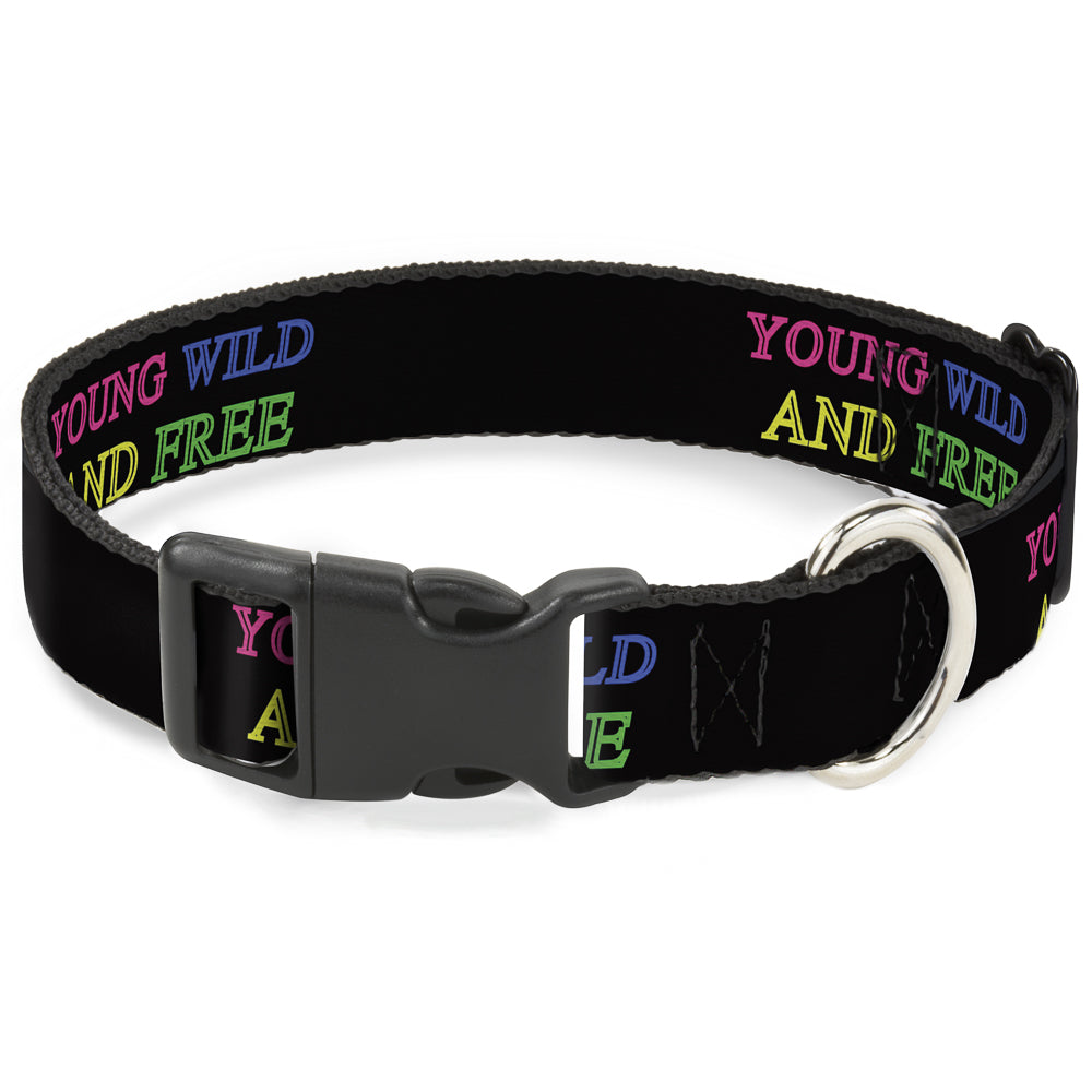 Plastic Clip Collar - YOUNG WILD AND FREE Outline Black/Multi Neon Plastic Clip Collars Buckle-Down